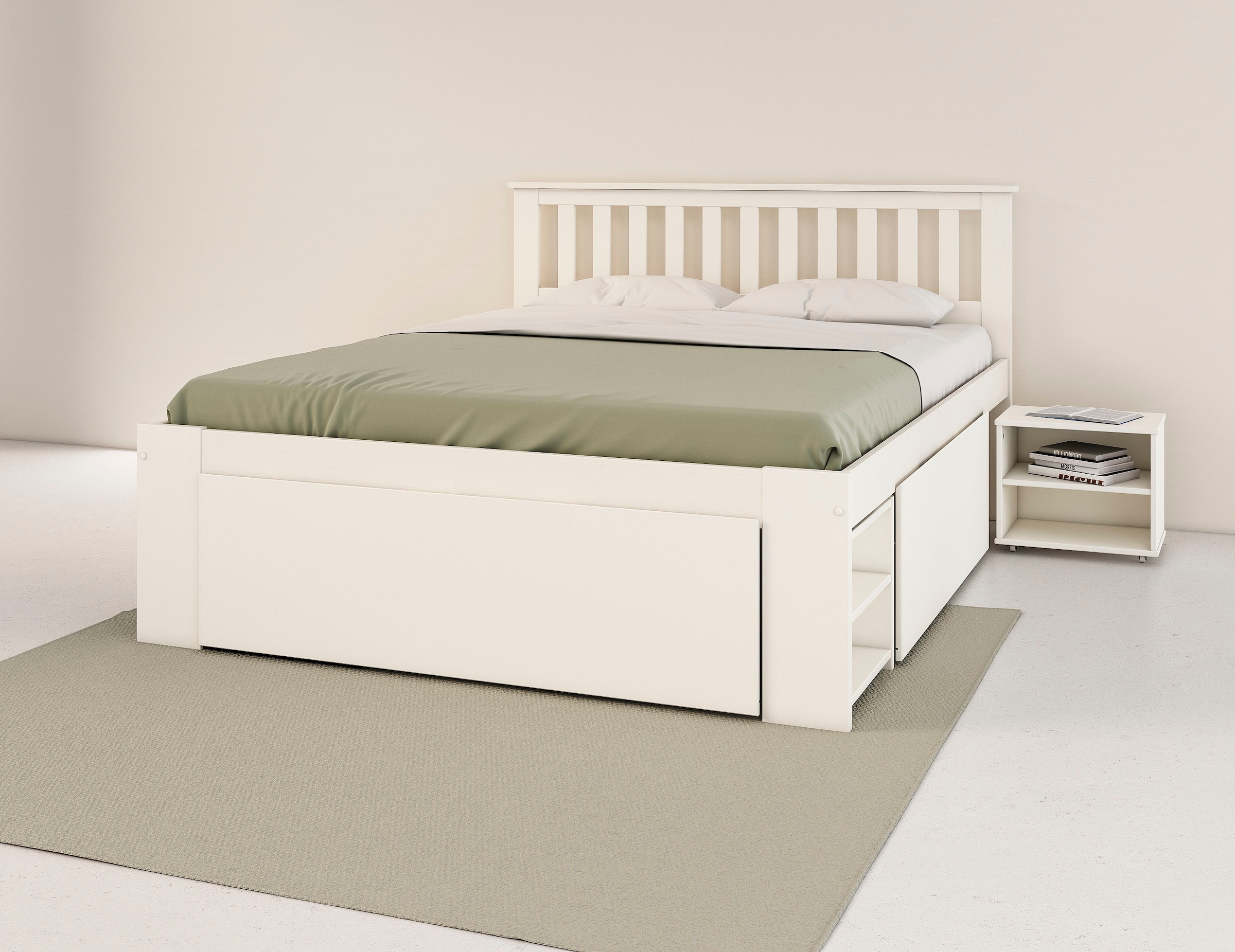 GOODproduct Lit en bois massif »Kallvin, platzsparend, 3 Bettkästen, Nachtschränke ausziehbar« comprend un sommier à lattes, 3 coffres de lit, certifié FSC®
