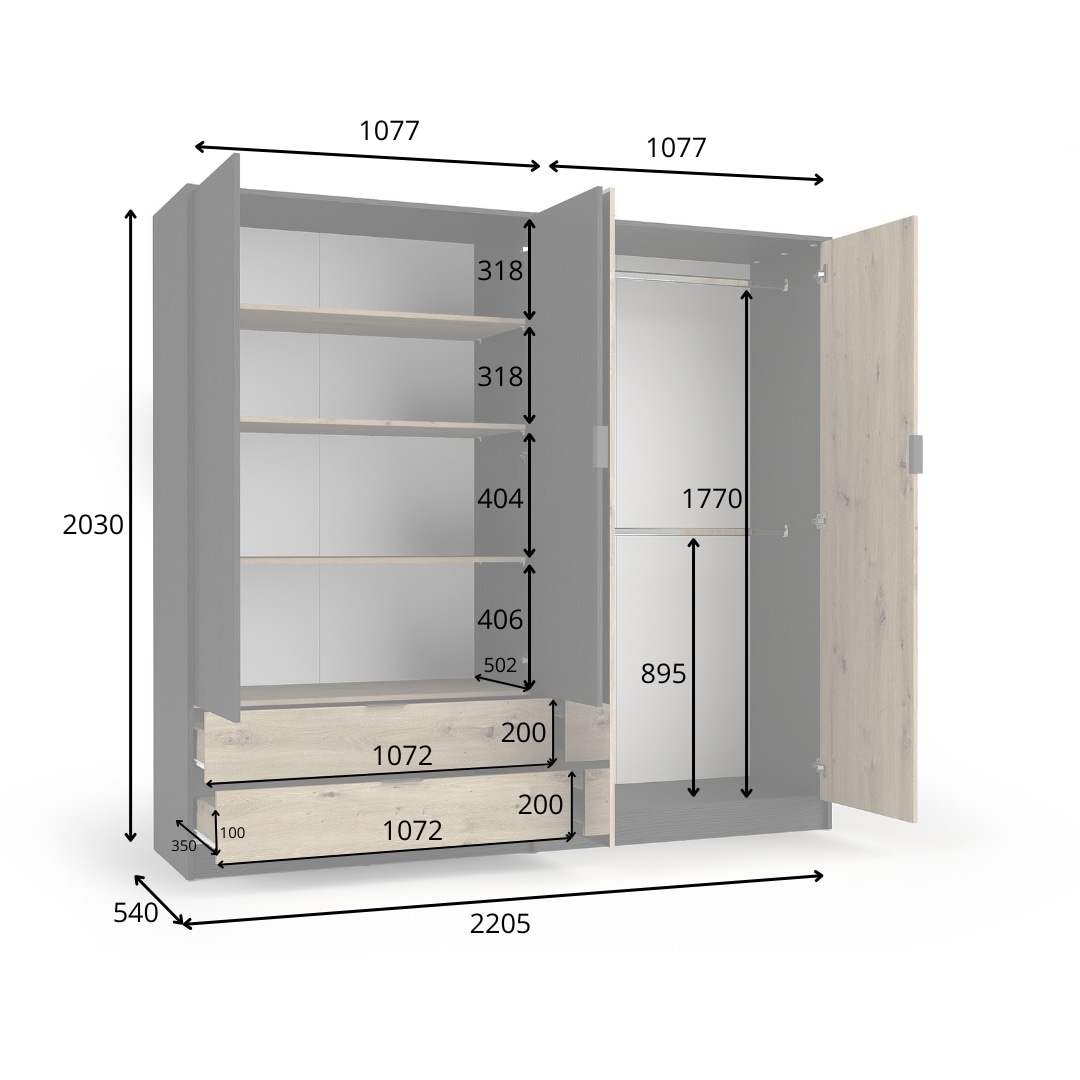 Home affaire Kleiderschrank »PERY mit Spiegel, 2 Schubladen, 4 Fächer und 2 Kleiderstangen« Garderobe mit 4 Türen und schwarzen Griffen, Masse B/T/H: 220/54/203cm