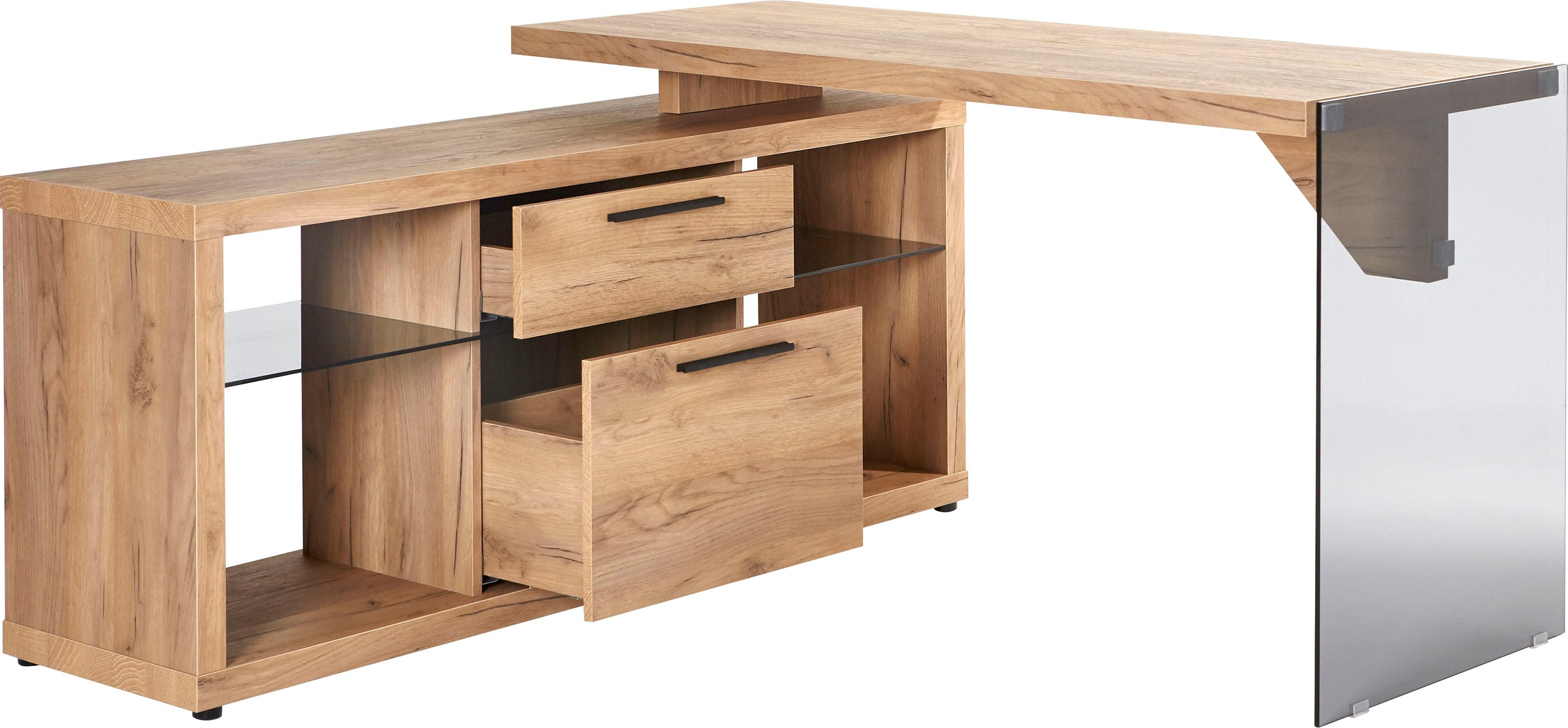 Jahnke Bureau d'angle »LUX« montage réversible, panneau latéral en verre de sécurité ESG