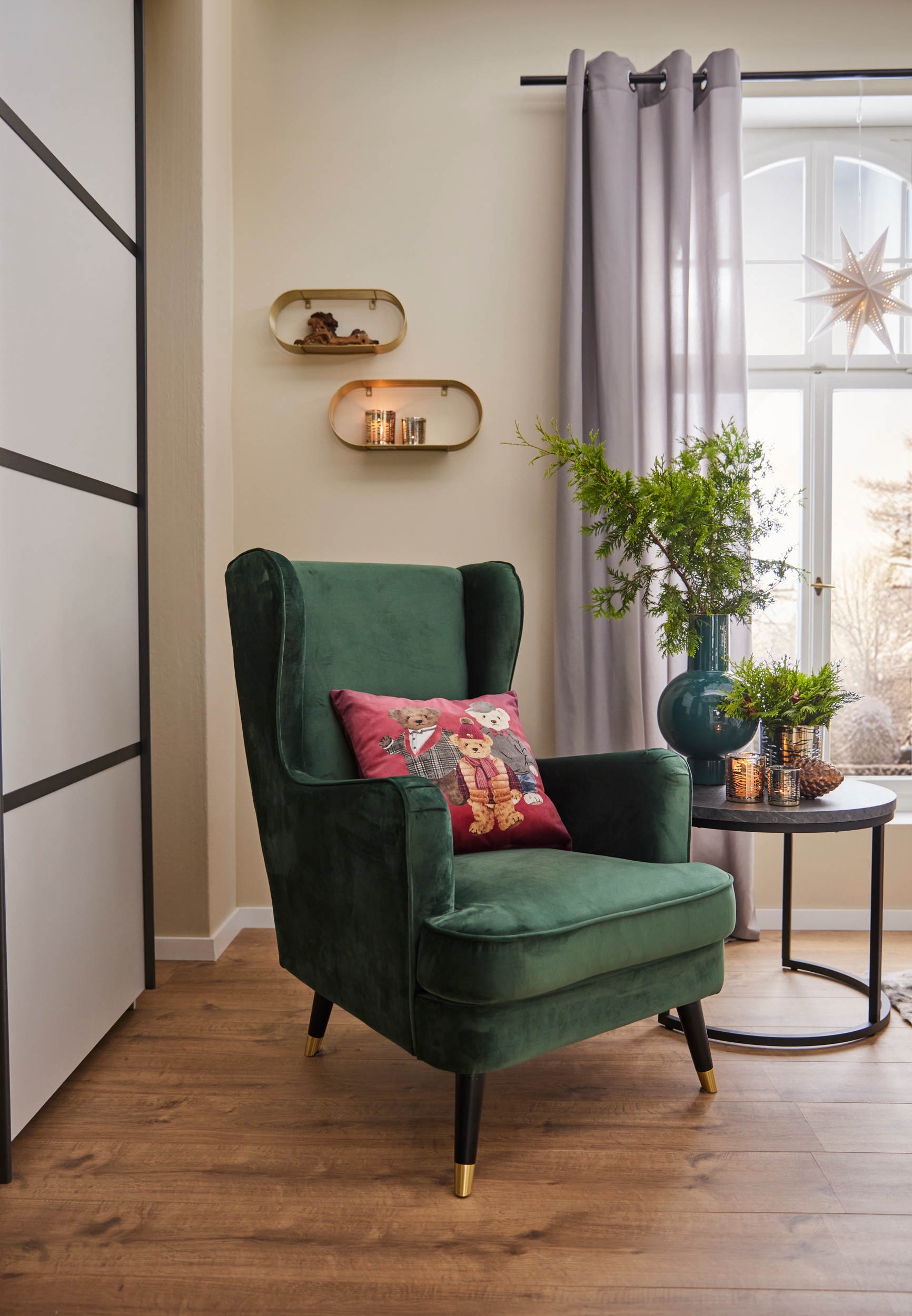 Home affaire Ohrensessel »ZILLER, TV-Sessel, frei im Raum stellbar, in Cord und Samtvelours,« Holzfüsse mit dekorativen Metallhülsen, Traumhafter Relaxsessel