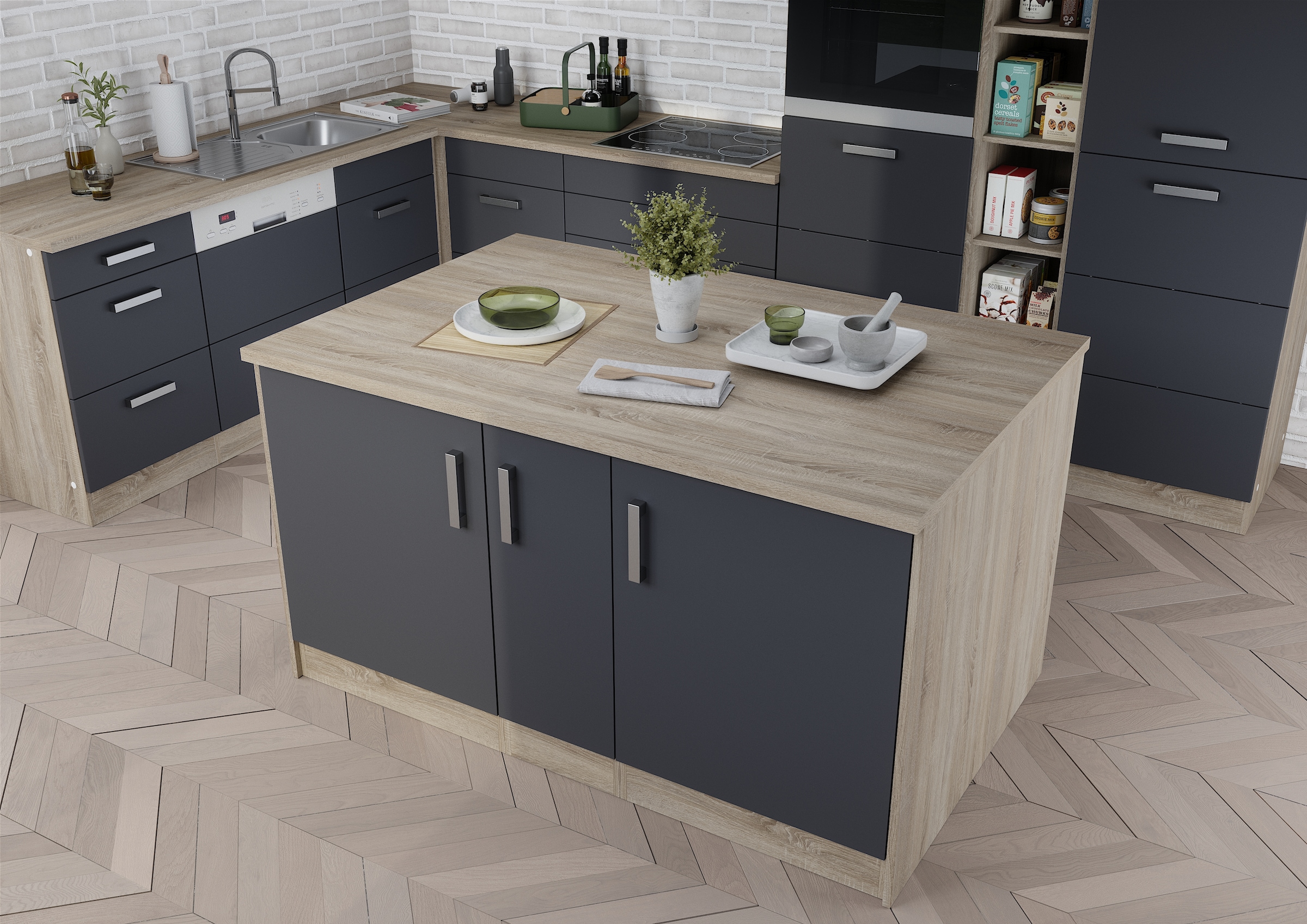 KOCHSTATION Ilot de cuisine »KS-Toronto« largeur 153 cm, façades MDF, casier à bouteilles