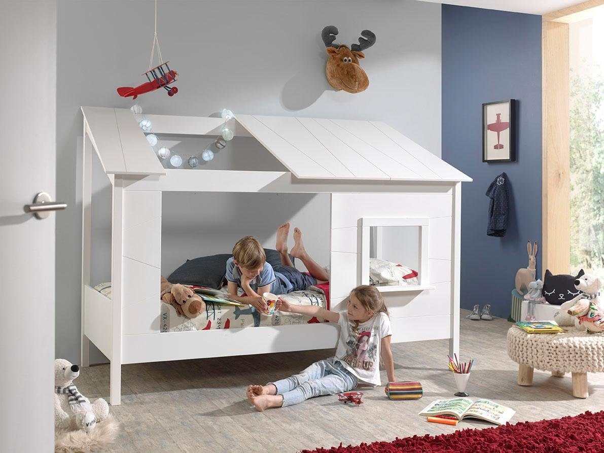 Vipack Lit d'enfant »Hausbett, aus MDF und Massivholz weiss lackiert, inkl. Fenster vorne« L/H/P env. 214x158,5x105 cm, ouvert sur les côtés et à l’arrière,  au choix avec ou sans tiroir de lit sur roulettes