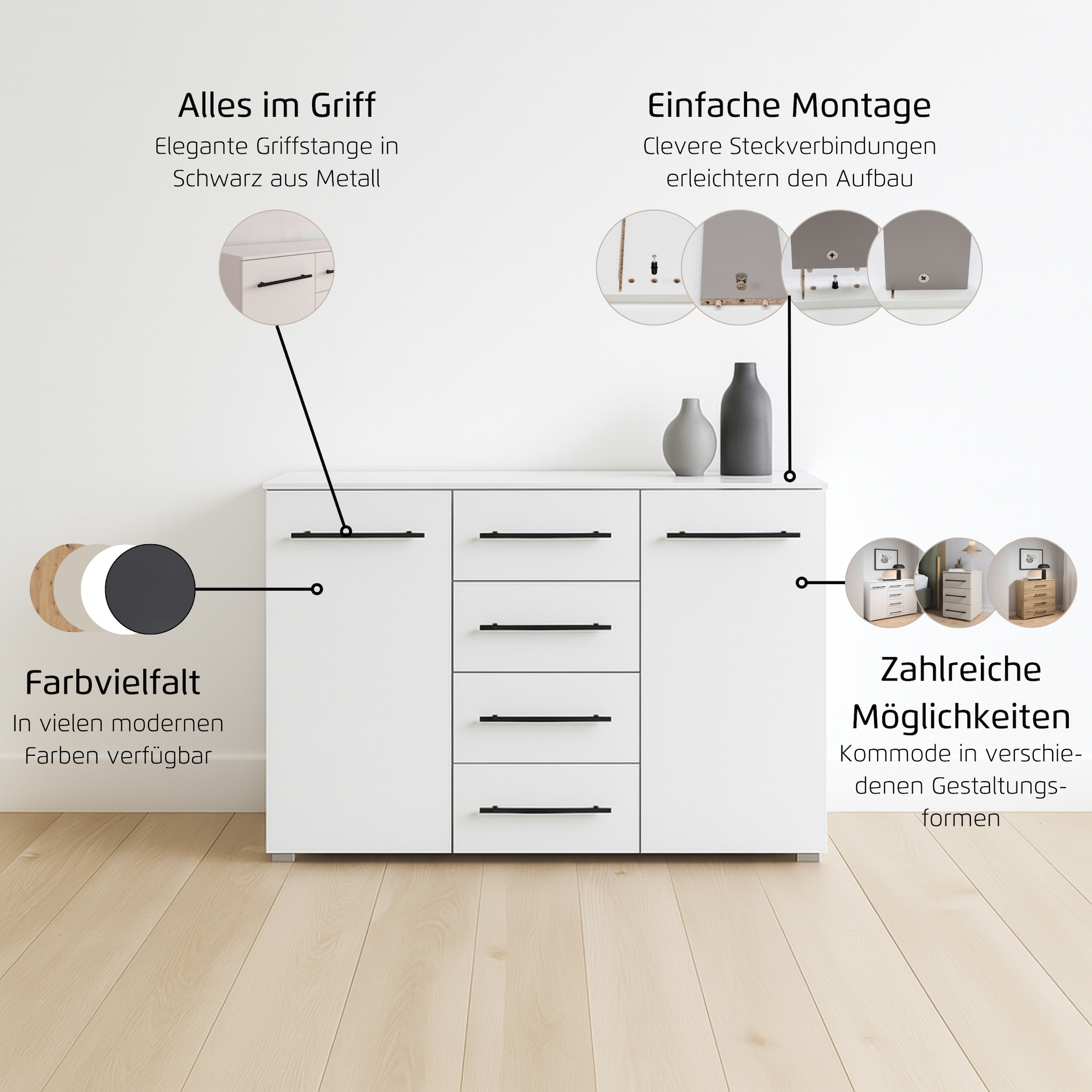 GOODproduct Kombikommode »Highboard Sideboard Schubladenkommode Kommode Schlafzimmer AVOLA« Breite 120 cm inkl. SOFT-CLOSE-FUNKTION mit Dekorfront,  vier grosse Schubladen und 2 Türen, mit 4 Einlegeböden MADE IN GERMANY