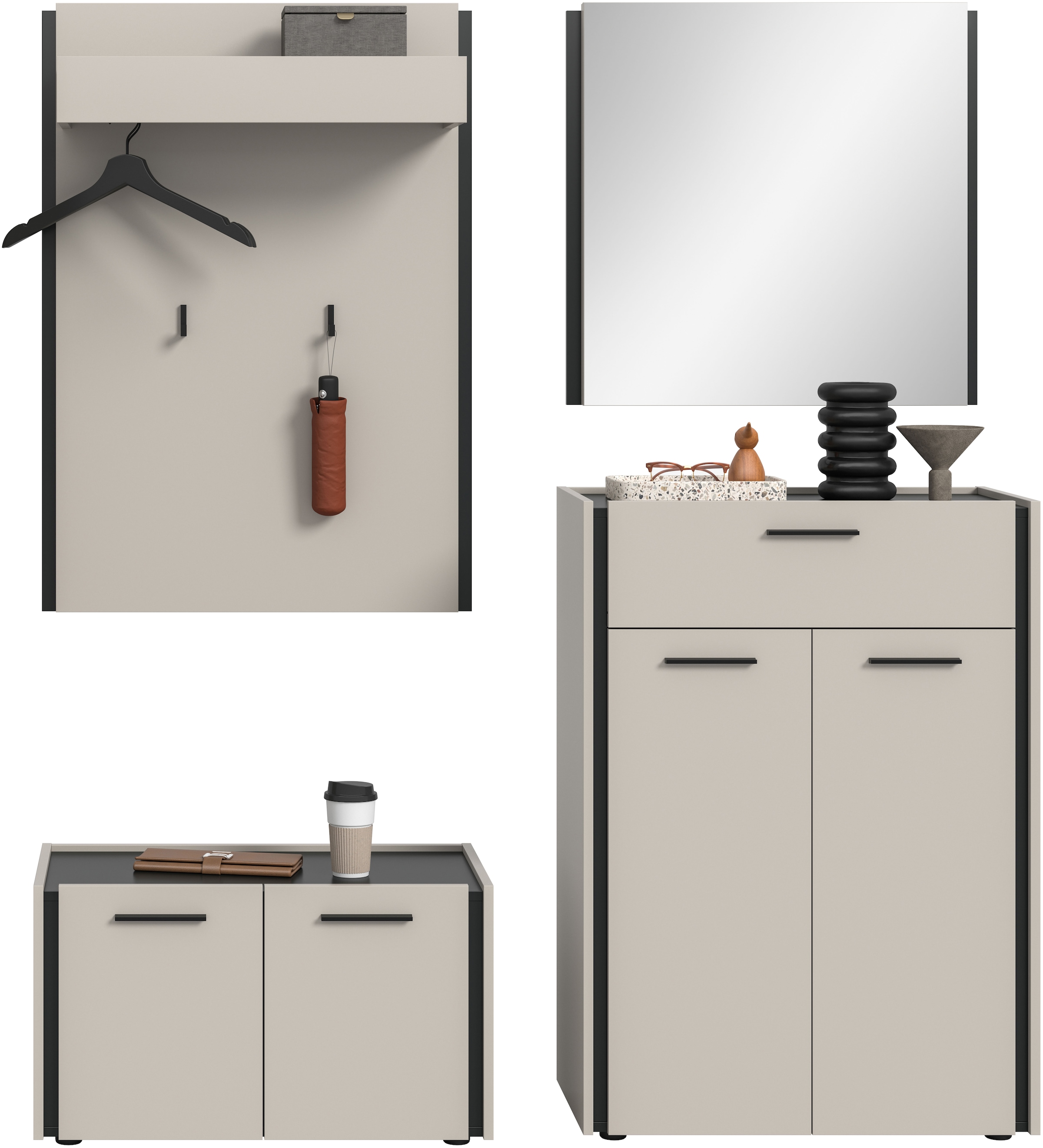 Home affaire Garderoben-Set »RAK, 4-teilige Garderoben-Kombination, Breite ca. 165 cm« Sitzbank, Garderobenpaneel, Schuhkommode, Spiegel, 4 Stk. tlg.