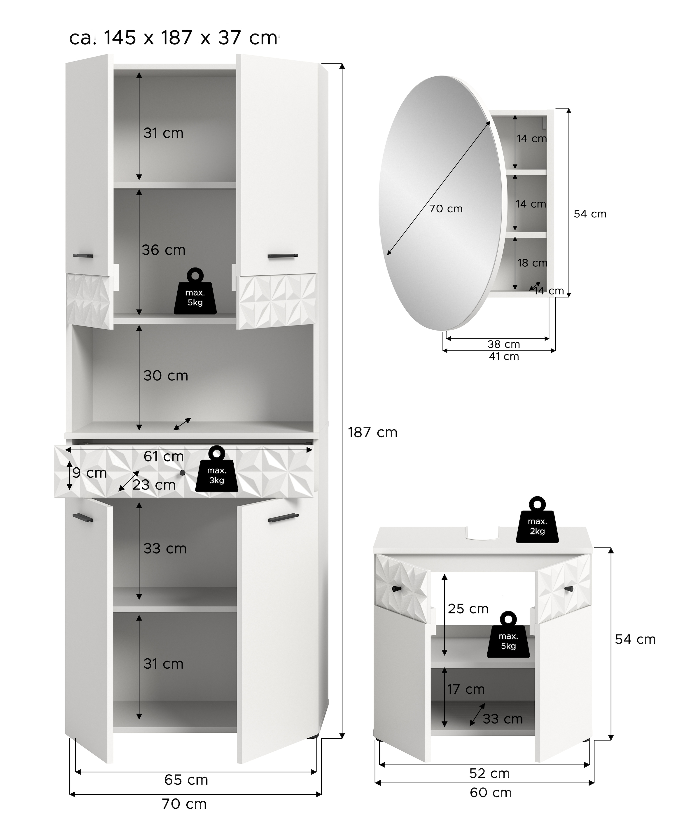 INOSIGN Badezimmer-Set »VICENZA, TOPSELLER!, Breite 145cm, 3-teilig, mit Ornamentabsetzung« best. aus: Hochschrank, Waschbeckenunterschrank und Spiegelschrank, 