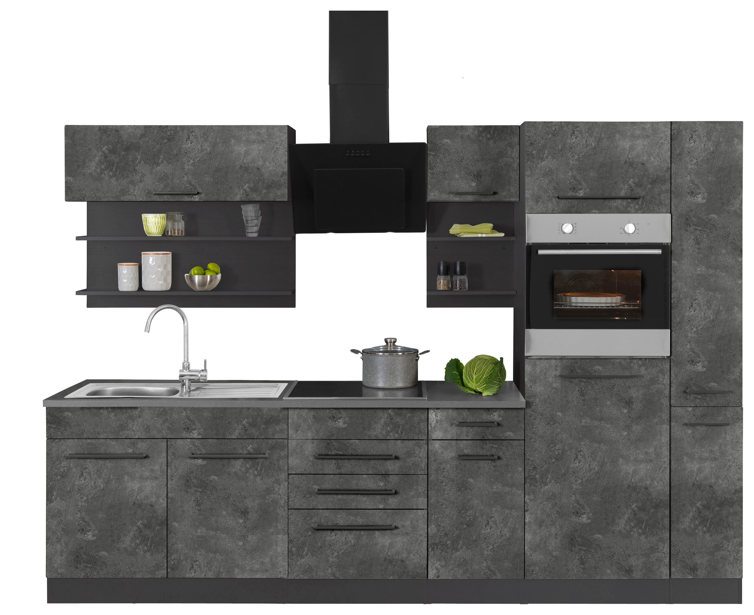 KOCHSTATION Küchenzeile »KS-Tulsa« ohne E-Geräte, Breite 300 cm, schwarze Metallgriffe, MDF Fronten
