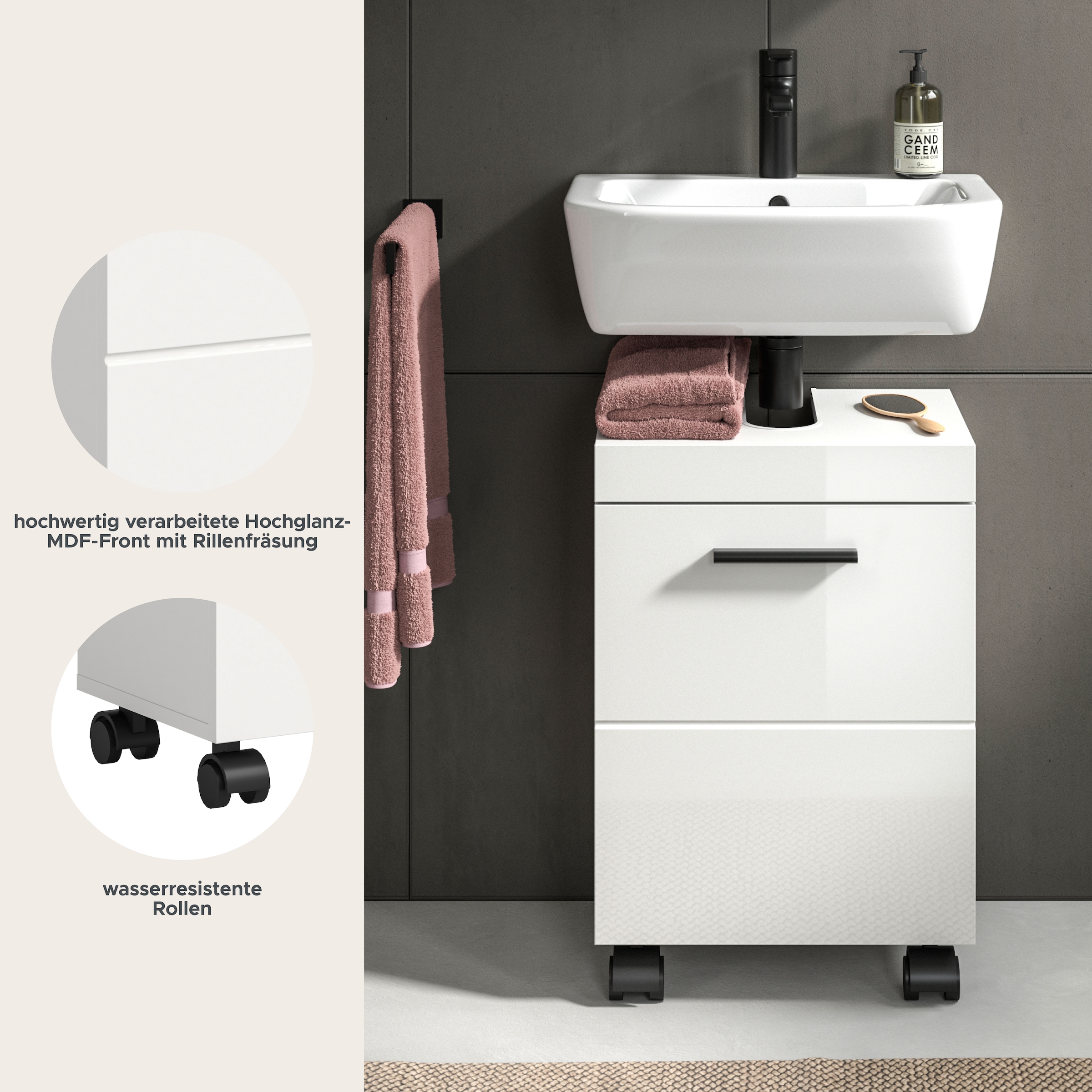 welltime Waschbeckenunterschrank »AVON, Breite 40 cm, 1 Tür, 1 Einlegboden, 2 Fächer« mit Siphonausschnitt 22x8 cm, Rückwand mit Ausschitt,  Badmöbel, Badschrank, Unterschrank, Waschtisch, Kommode, Bad