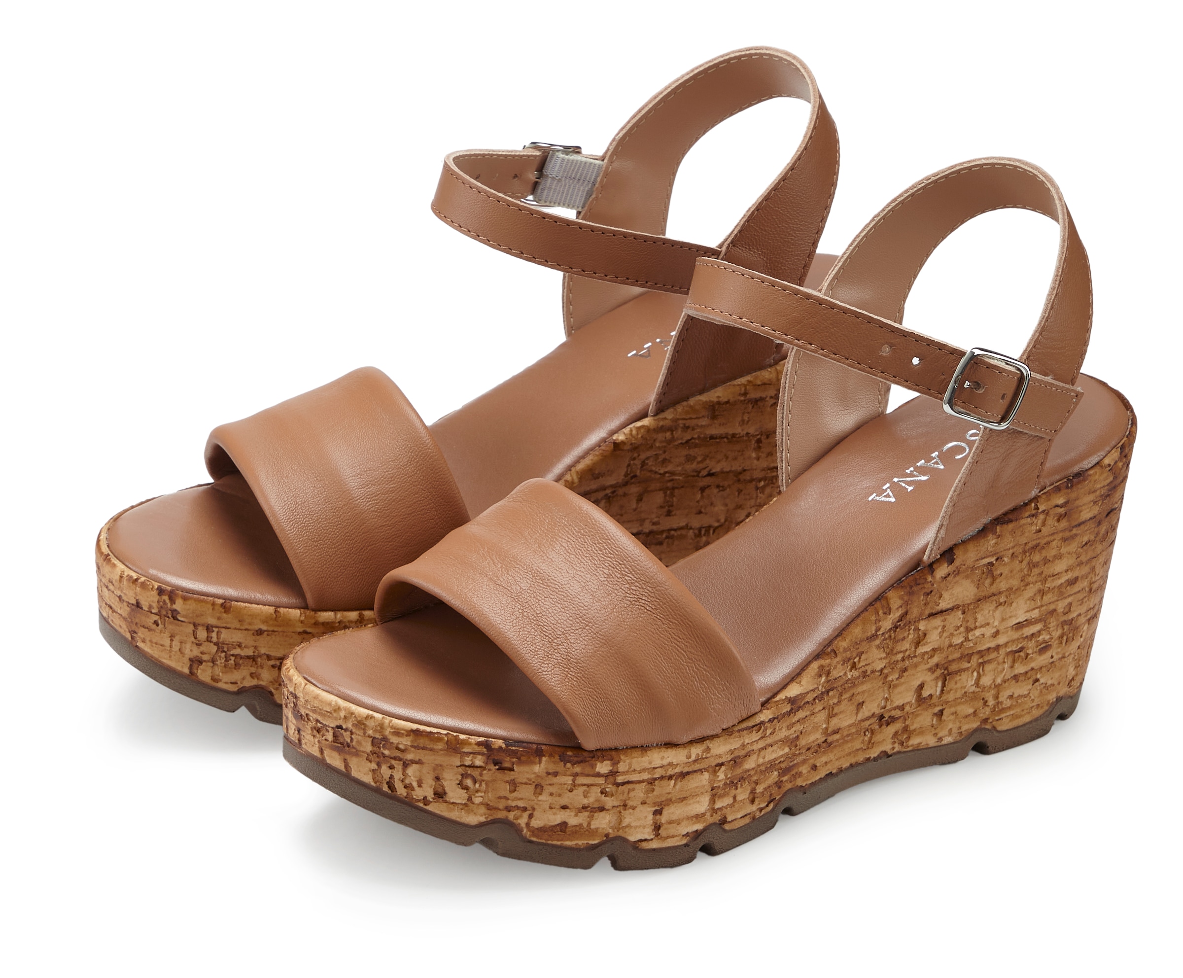 LASCANA Sandales »Sommerschuh, offener Schuh, Sandale, Keilsandalette,«  NOUVEAU en cuir avec talon compensé aspect liège