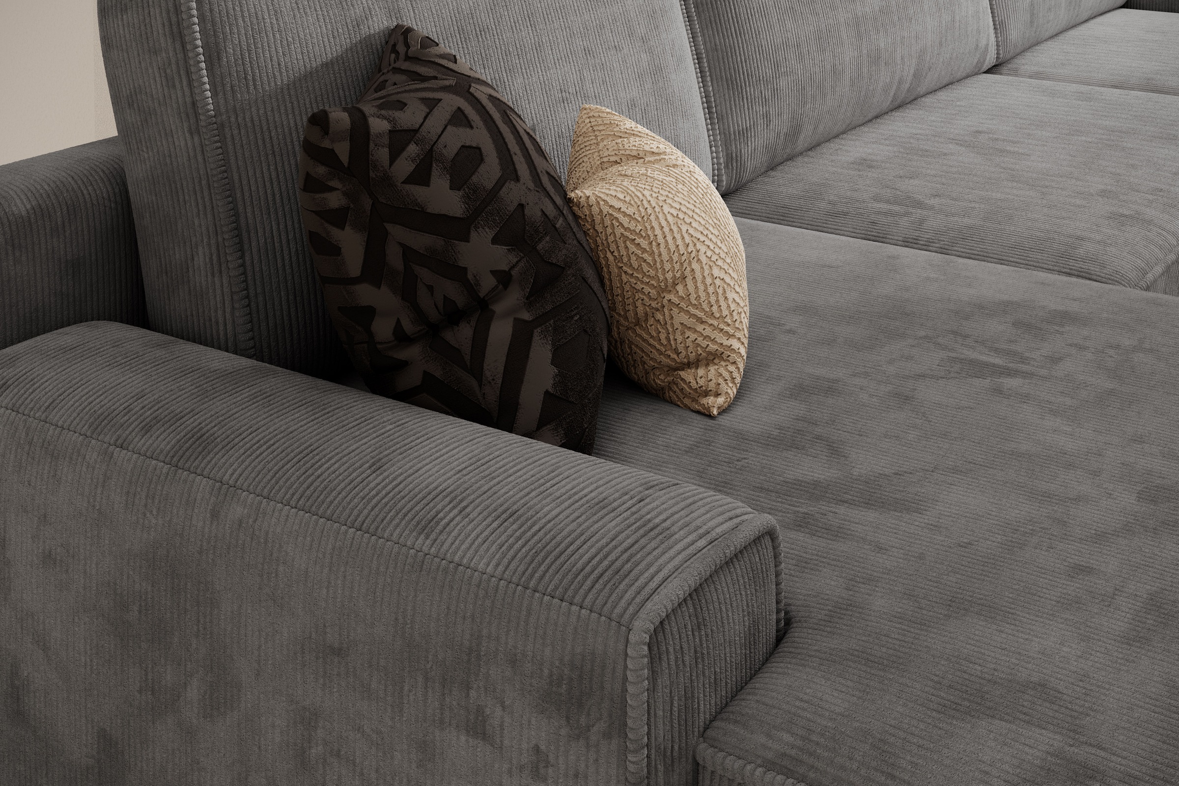 TRENDMANUFAKTUR Paysage de salon »Challenge, Schlafsofa mit Bettkasten, Couch in U-Form, Breite 333 cm« canapé XXL avec coffre et fonction lit, aussi en tissu velours côtelé tendance
