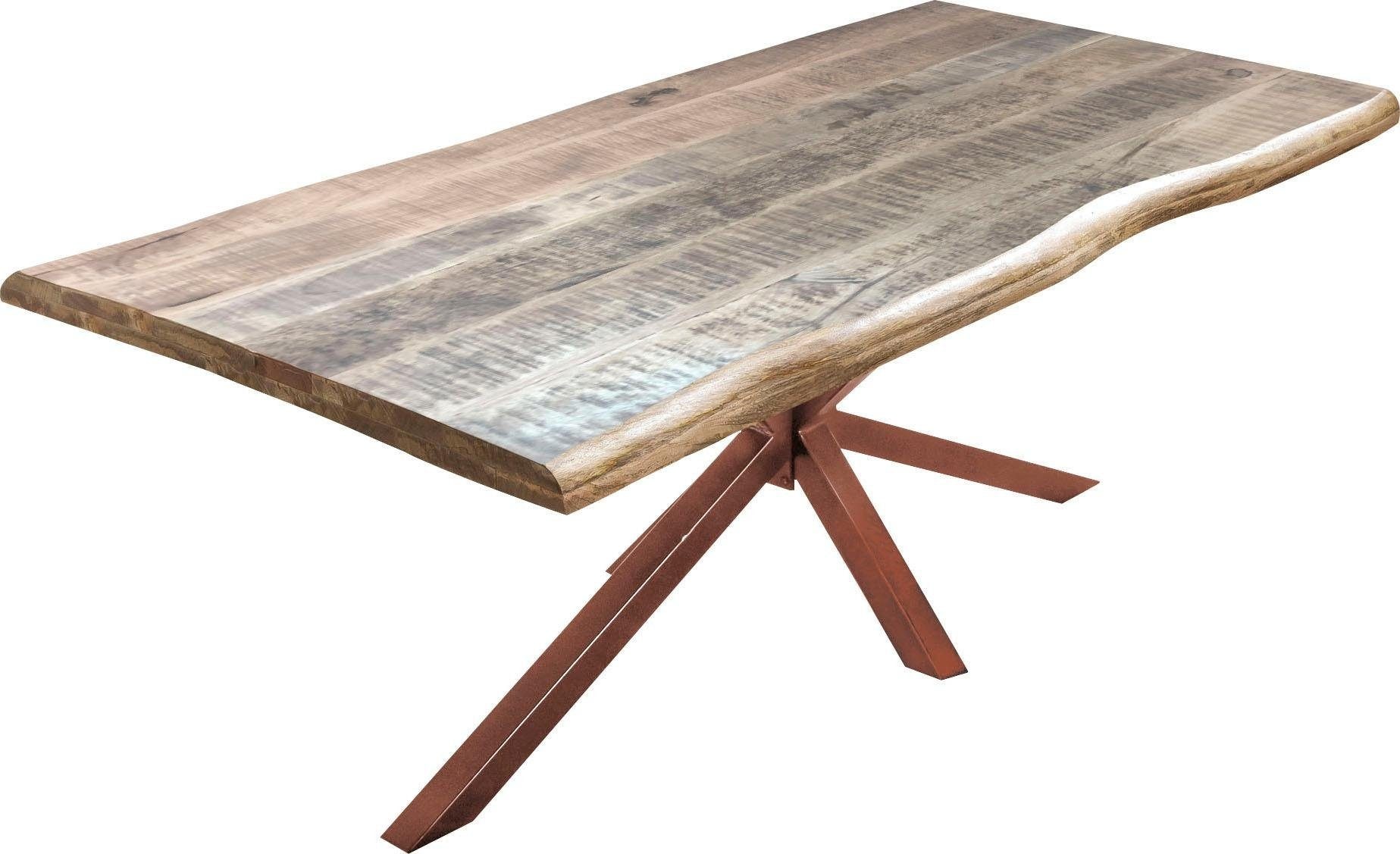 SIT Table de salle à manger »Kigali Mango Massivholz mit natürlicher Baumkante und Stern-Gestell« Structure en étoile marquante rencontre chant massif en bois de manguier