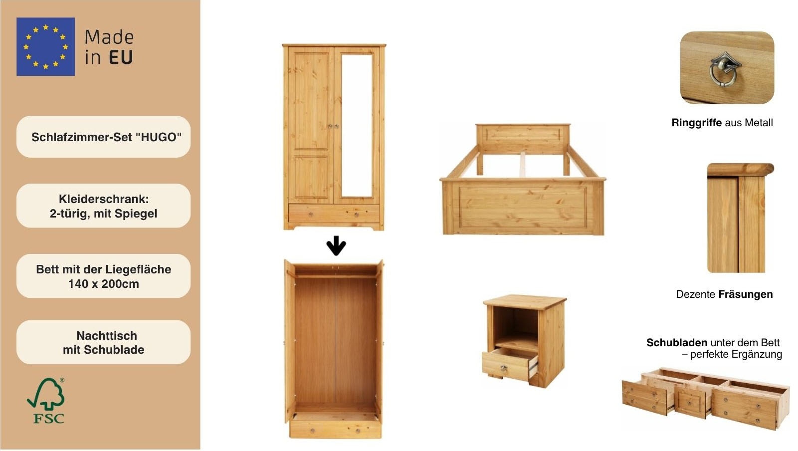 GOODproduct Schlafzimmer-Set »Hugo« Set, 3 Stk. tlg. Bett 140x200cm, 2-trg Kleiderschrank und 1 Nachttisch