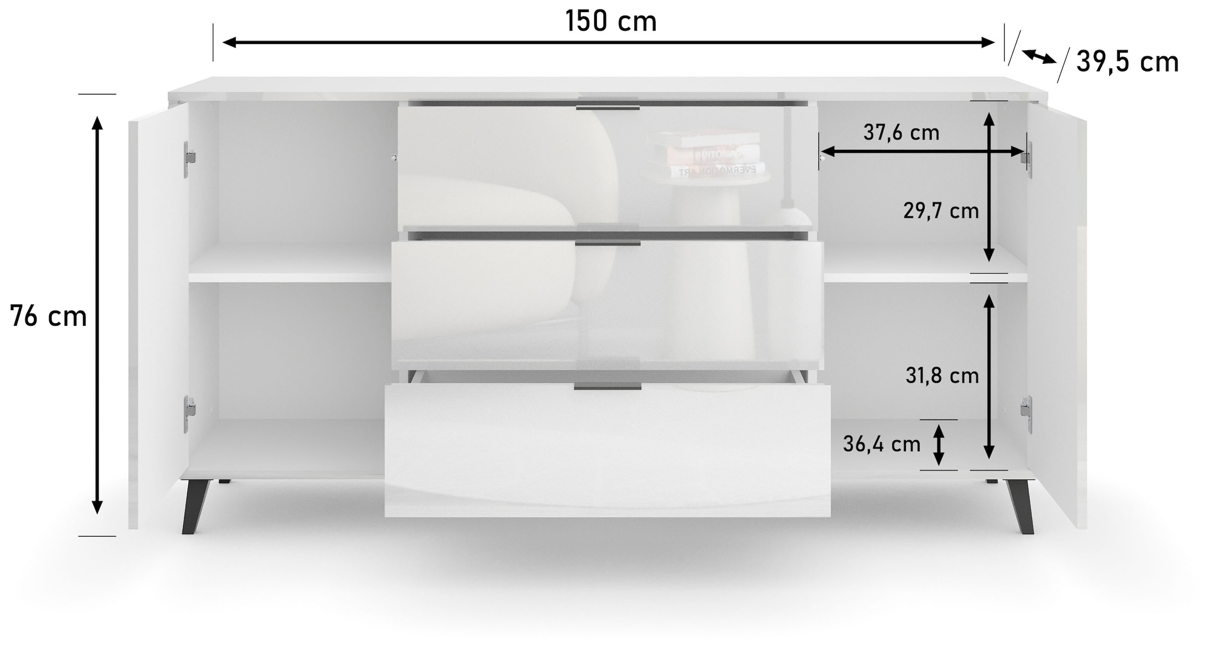GOODproduct Buffet »Oslo, B/H/T: 150/76/39,5 cm« 3 tiroirs, 2 portes avec ouverture par pression, poignées en métal noires