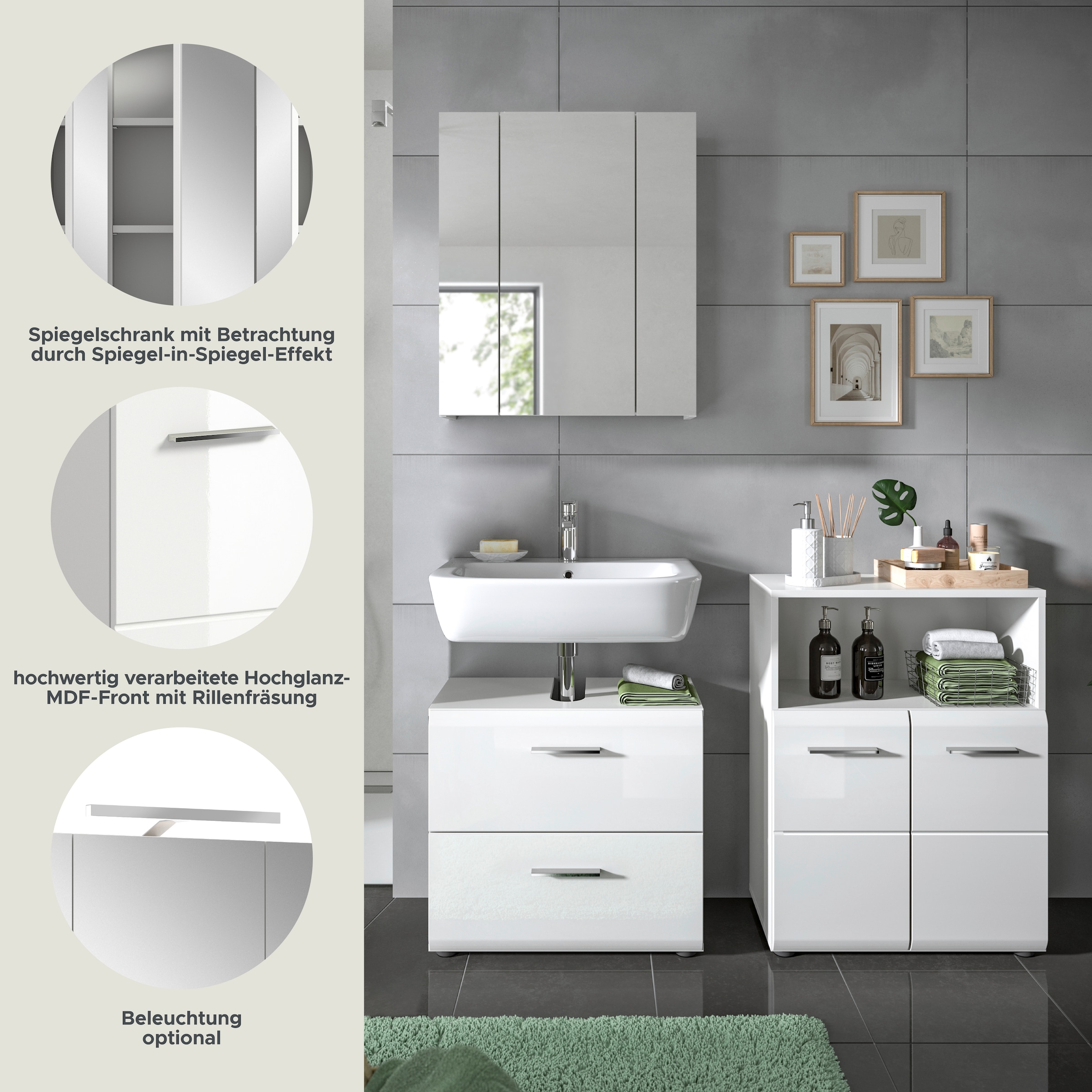 welltime Badmöbel-Set »FLORENZ, TOPSELLER!, 3-teilige Badkombination, hochwertige MDF-Front« Set, best. aus: Waschbeckenunterschrank, Spiegelschrank, Midischrank breit, 