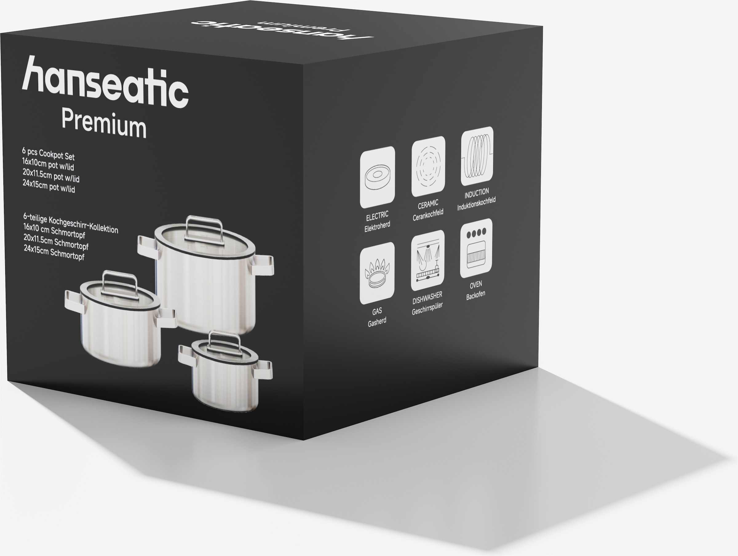Hanseatic Topf-Set »PREMIUM« Set, Kochtopf 1x 16 cm / 1x 20 cm / 1x 24 cm, 6 tlg. Edelstahl