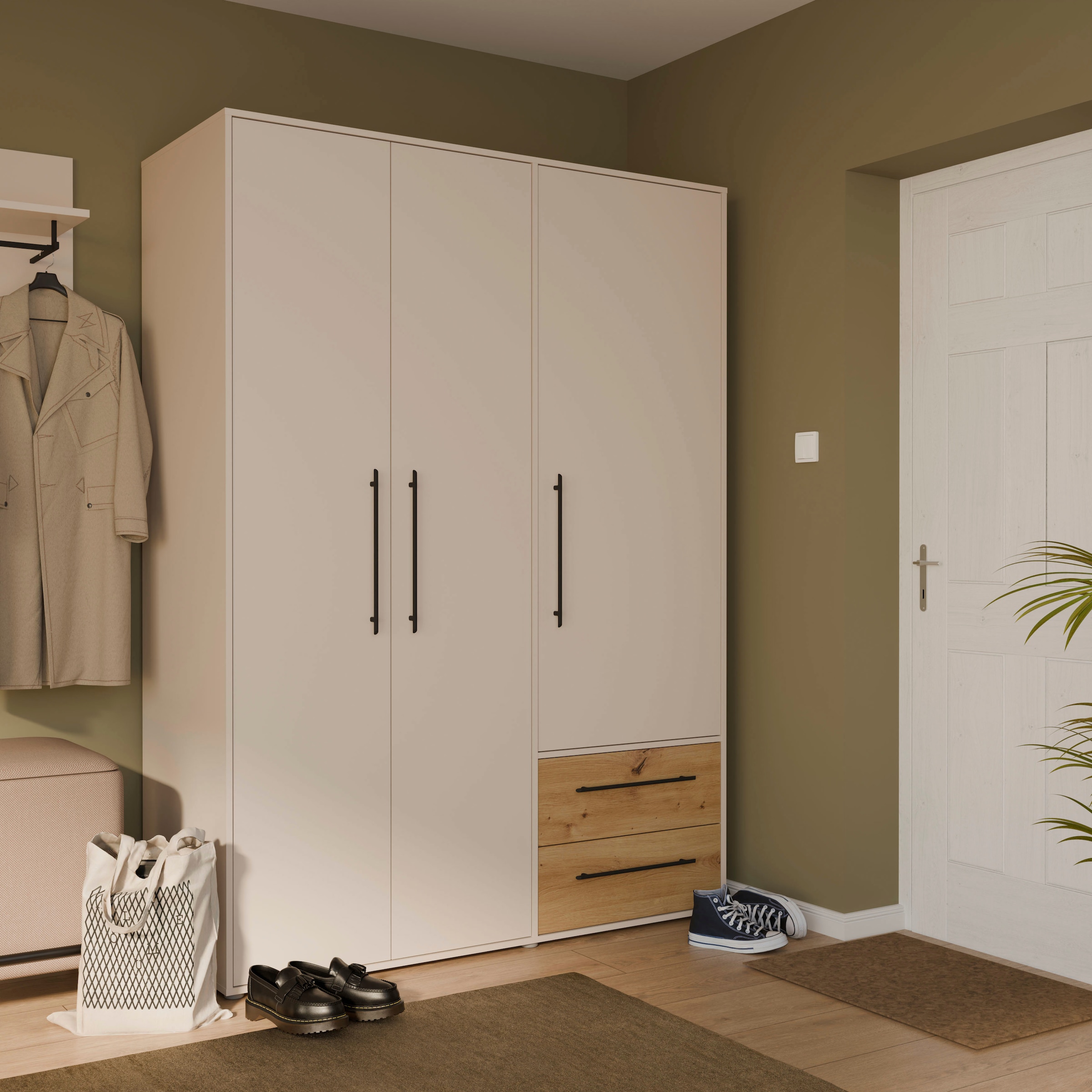 FORTE Armoires à vêtements »Mokkaris , Garderobe, zeitloses Design, 3 Türen, Made in Europe« L/H/P env. 144x200x59 cm,  Deux tiroirs, poignées barres noires, rangement, aussi en noir