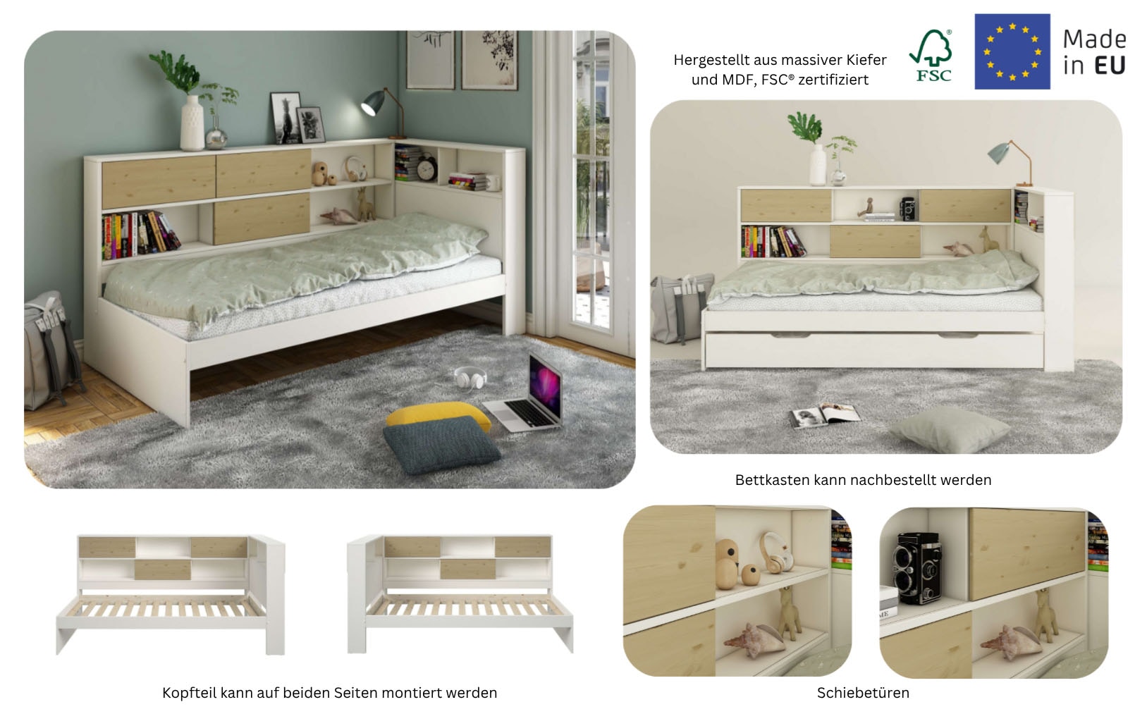 GOODproduct Lit de rangement »Amance, Kopfteil beidseitig montierbar, stabil und langlebig, Stauraum« dimensions extérieures L/P/H : 110,2/220,1/106,9 cm,  Certifié FSC®, incluant sommier à lattes, Made in EU, bois massif + MDF