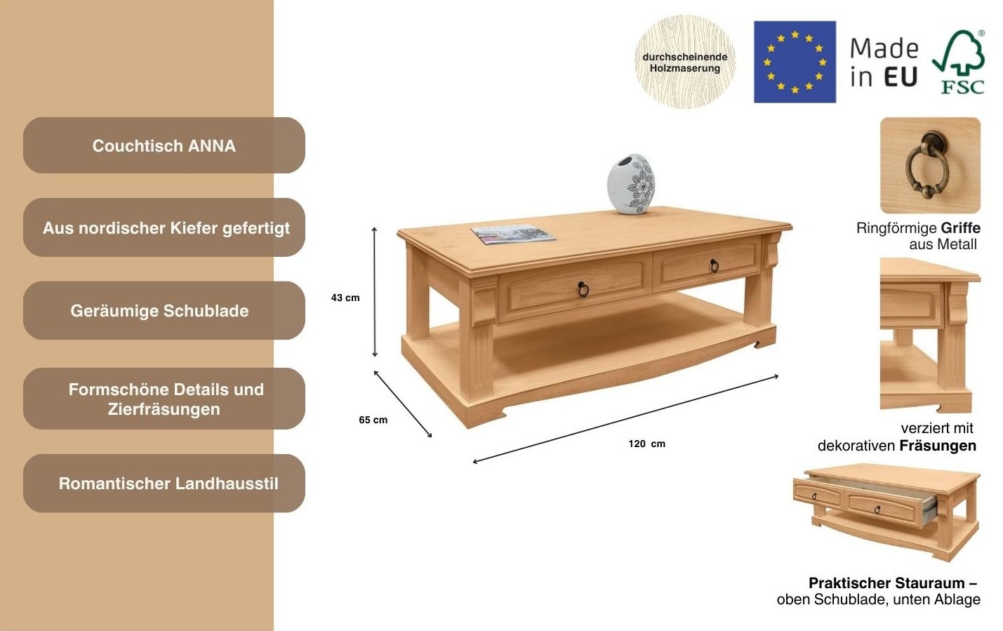 GOODproduct Table basse »Anna« Gesamtmasse (B/T/H): ca. 120/65/43 cm,  Kaffeetisch mit Schublade und Ablage, Massivholz, FSC®