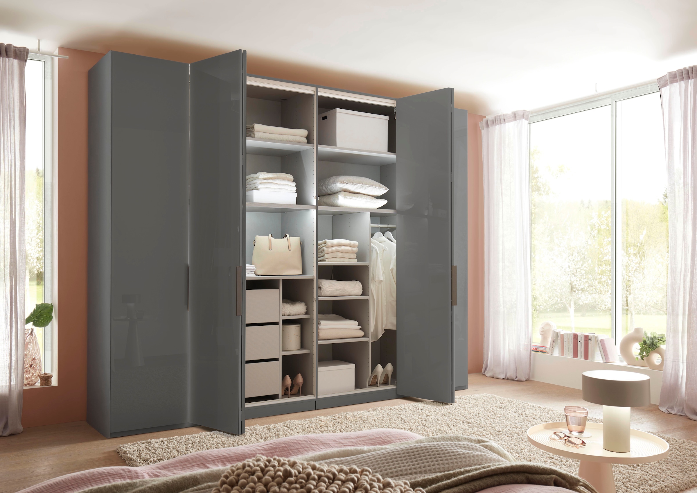 WIEMANN Falttürenschrank »Ohio, Kleiderschrank, Schrank, Garderobe, mit Glasfront, 300 cm« inklusive Einlegeböden & Kleiderstangen, 2 Höhen, MADE IN GERMANY,  inklusive Türdämpfung, hochwertige Glasfront