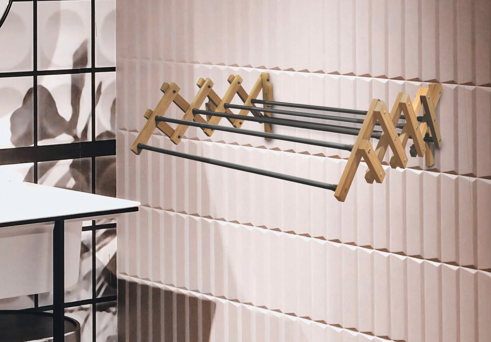 Bischof Wandwäschetrockner faltbarer und stabiler Rahmen aus Eschenholz, 6 Trockenstäbe