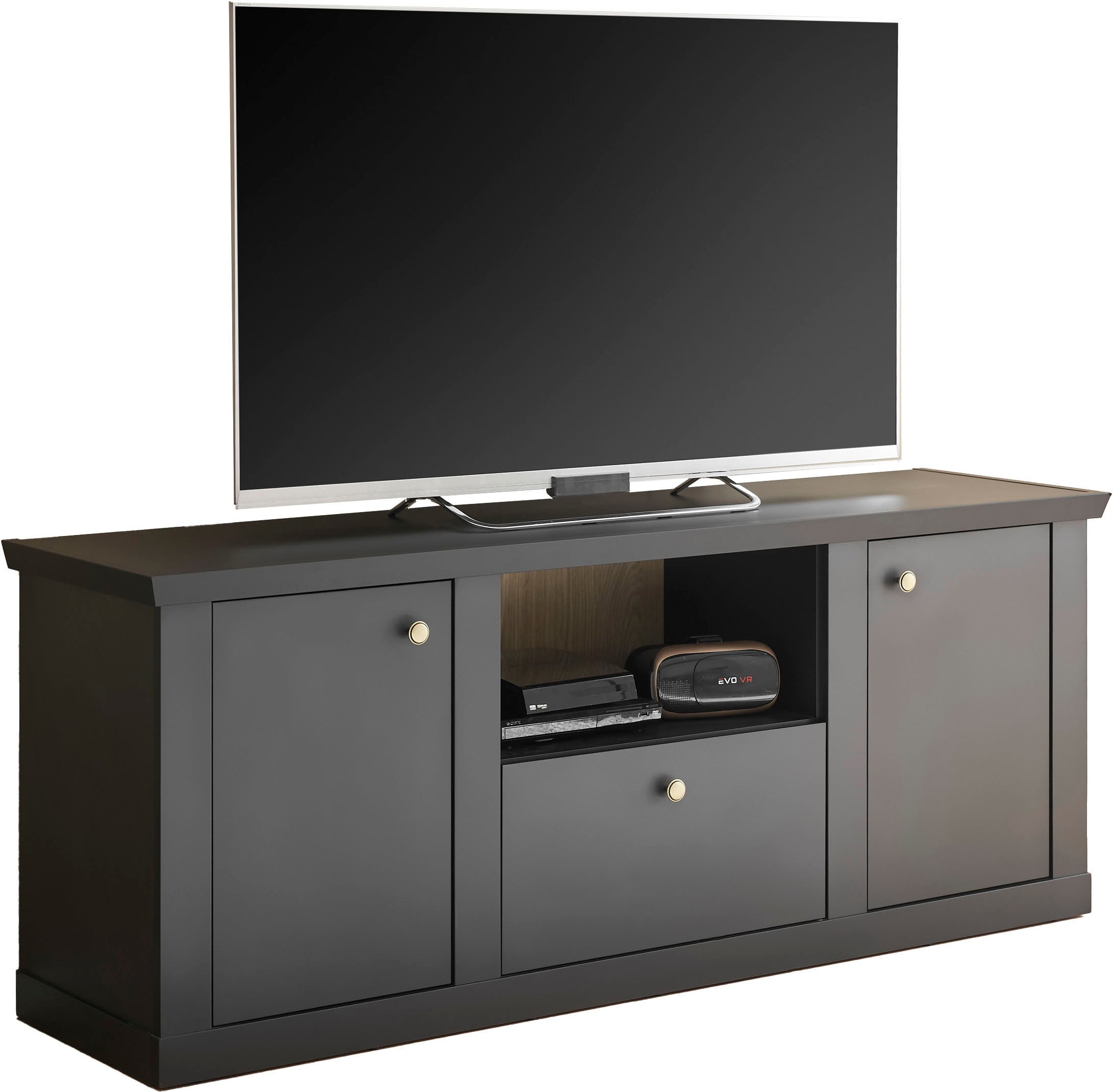 Home affaire Lowboard »Lincoln, moderner TV-Schrank, schwarze Kommode, TV-Unterschrank« edles Design, messingfarbene Knopfgriffe, in 2 Grössen verfügbar