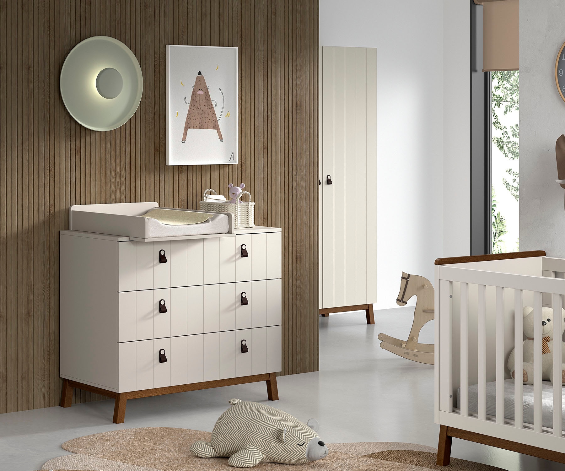 Vipack Commode à langer »Sezane mit Front in Rillen-Optik, Griffschlaufen und Wickelaufsatz« bis 11 kilos mDF peint couleur argile, boucle de poignée marron, socle couleur noyer 98,5 cm