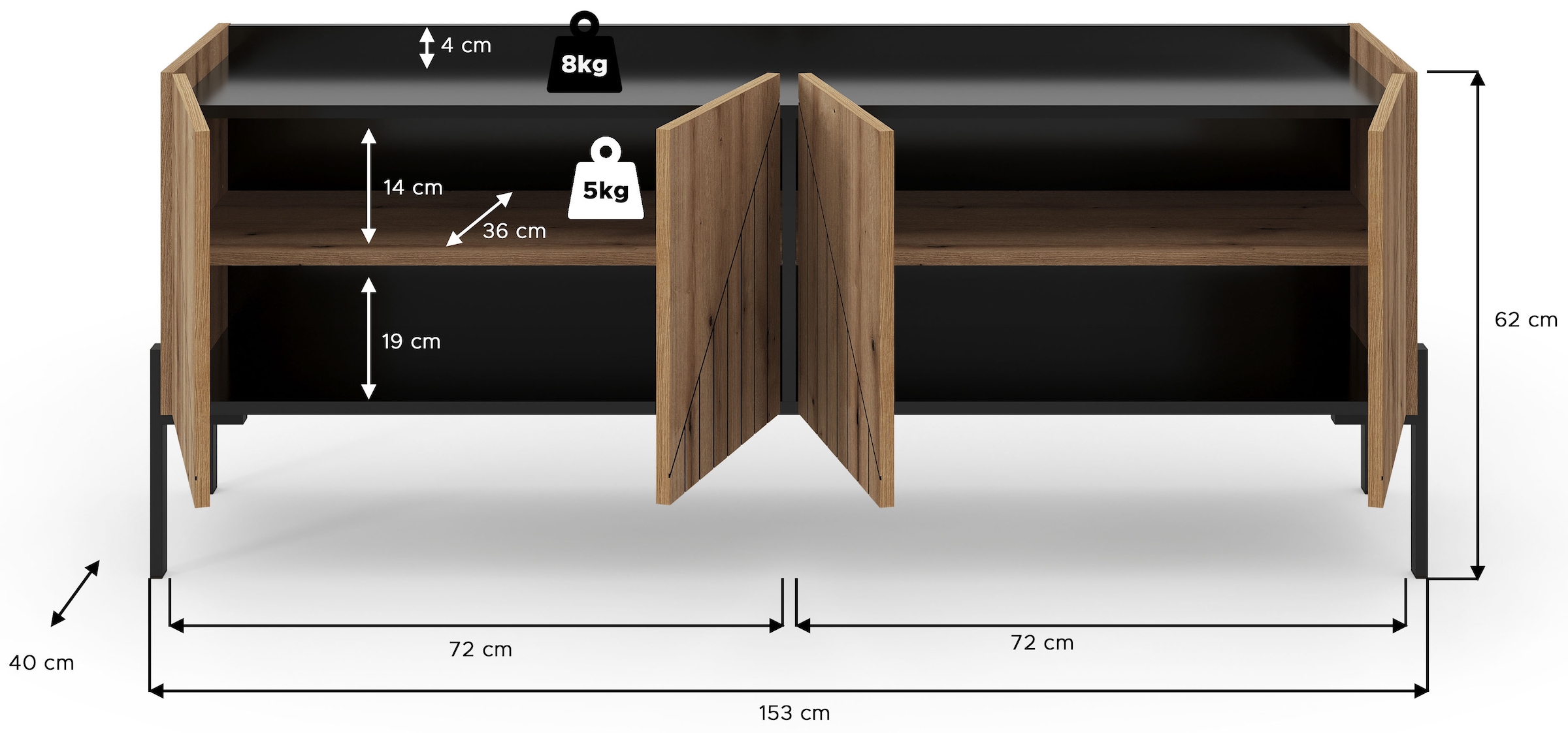 Home affaire Lowboard »SNETT, Breite: 155cm, mit Metall-Stabfüssen, 4 Türen, 2 Einlegeböden« TV-Lowboard, Mediaschrank, Mediaboard, TV-Schrank, Schrank, Board