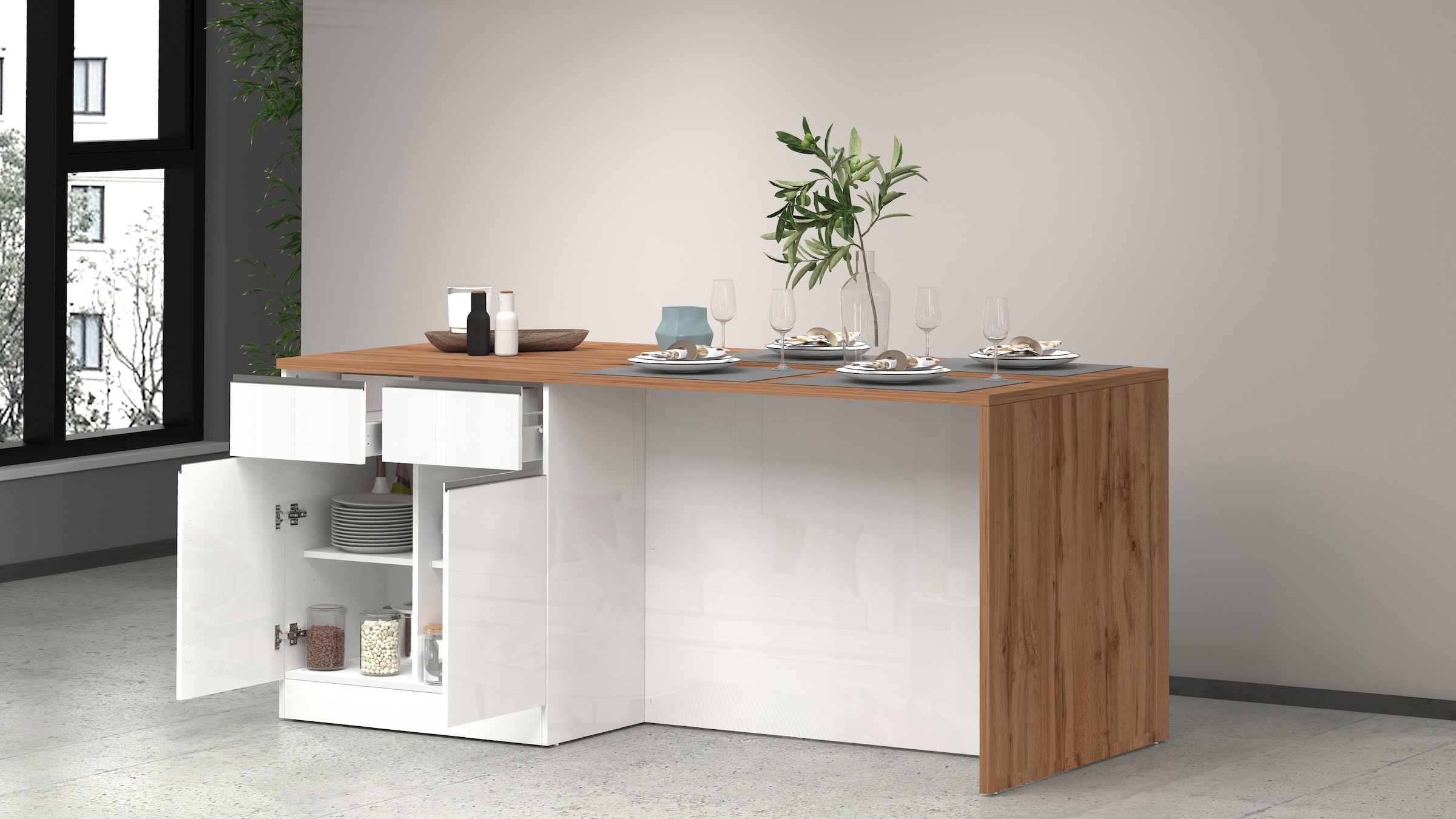 KOCHSTATION Ilot de cuisine »Sole,Kochinsel,Küchenarbeitsblock,Inselküche,Arbeitsinsel« Breite 200 cm mit 4 Türen,4 Schubkästen, Aluminiumgriff