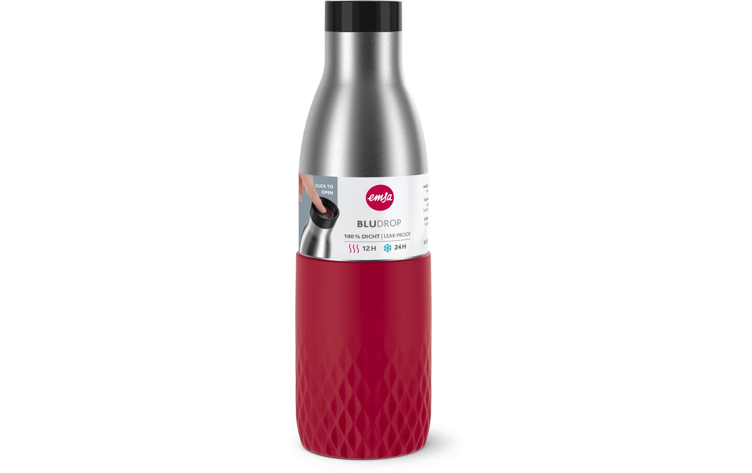 Emsa Gourde »Bludrop Sleeve« acier inoxydable/silicone, Quick-Press, 12h chaud/24h froid