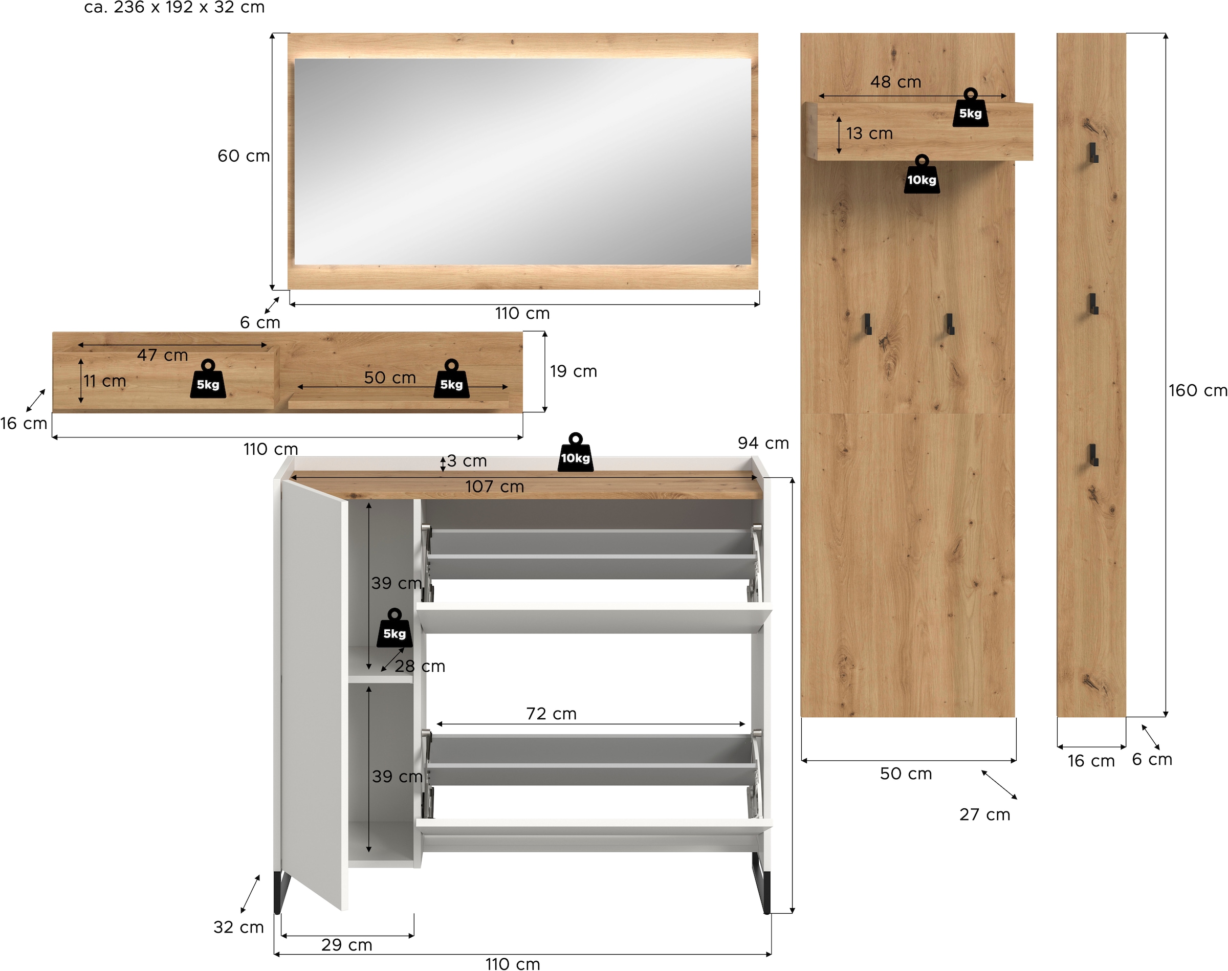 Home affaire Ensemble de vestiaires »EVRID, 5-teilig, Breite 236 cm, inkl. Beleuchtung« best. aus: Wandboard, Kommode, Spiegel, Garderobenpaneel, Hakenleiste, 5 cuis tlg.