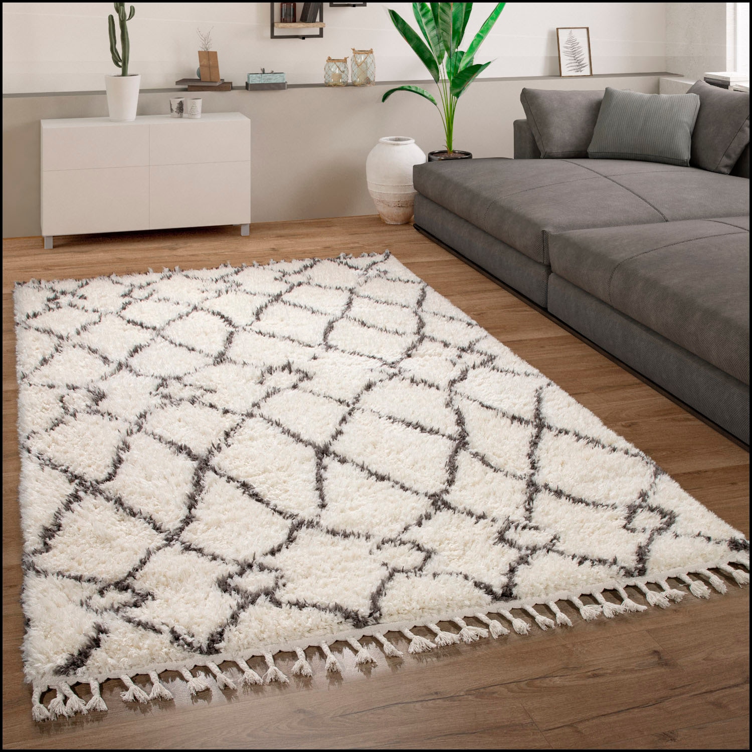 Paco Home Tapis à poils longs »Orebro 170« Rectangulaire 44 mm Höhe modernes Rauten Muster, besonders weich & kuschelig, mit Fransen