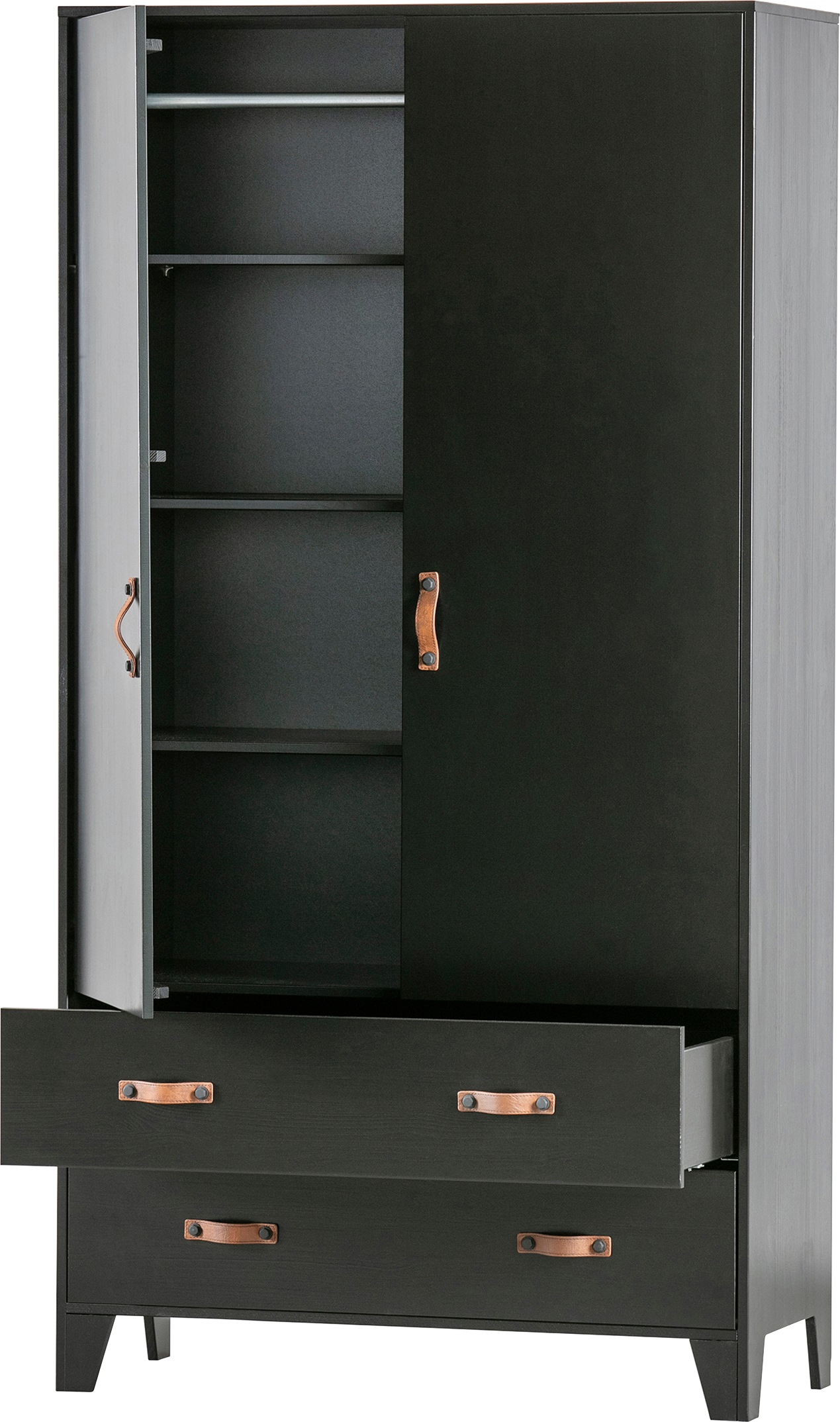 WOOOD Garderobenschrank »Dian FSC®-Kiefernholz mit Ledergriffe, H 180 x B 94 x T 40 cm« Schutzlackierte Oberfläche, einfach zu montierbar, sichtbare maserung