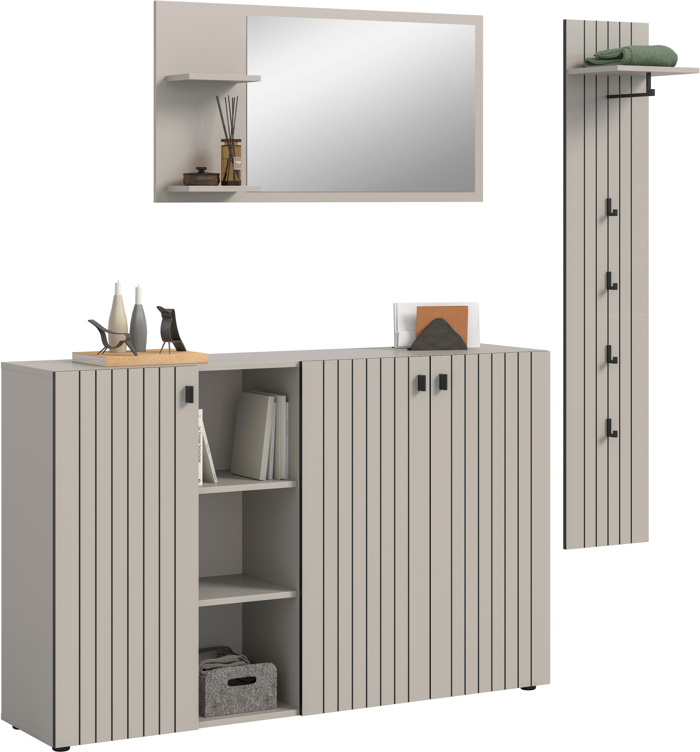 Home affaire Ensemble de vestiaires »TATIO, 3-tlg. Garderobenkombination, Breite: 201 cm, Rillenfräsung« Set, Set, best. aus: 1 Spiegel, 1 Garderobenpaneel, 1 Schuhkommode, 3 cuis tlg.