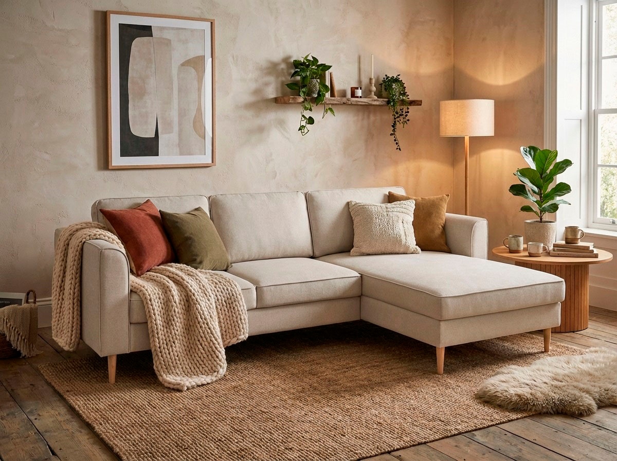 Home affaire Canapé d'angle »Booster, whlw. mit Schlaffunktion & Bettkasten, Fuss Buche lackiert« recamière montable des deux côtés, forme en L, en velours côtelé & structure, L: 232 cm