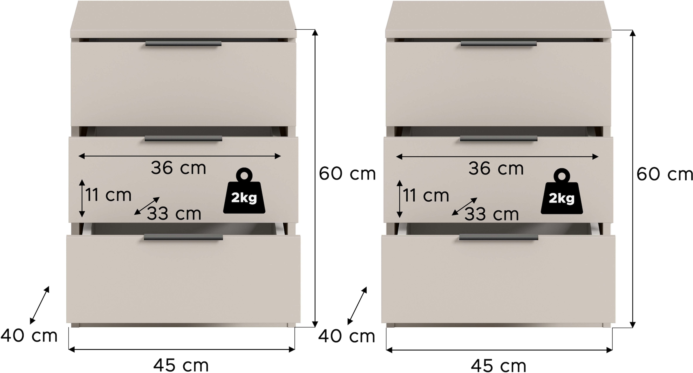 Home affaire Nachtkommode »Skarde 2 Nachttische, jeweils Breite: 45 cm« Set, Sie bekommen 2  Nachttische im Set, 2 Stk. tlg. Skarde, 2er Set Nachtkommoden, 3 Schubkästen, kashmir