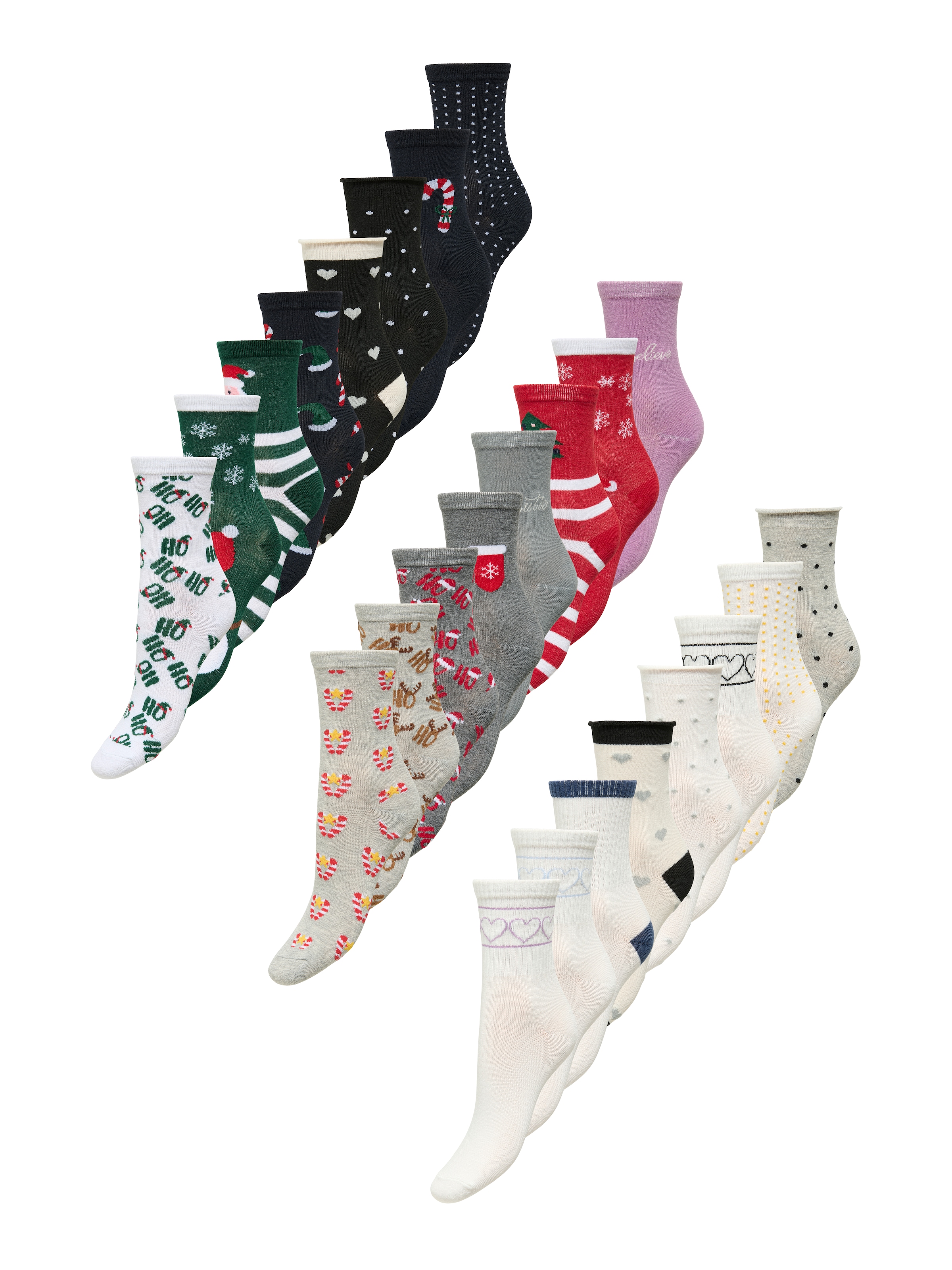 ONLY Chaussettes de loisirs »ONL24 MULTI XMAS SOCK Adventskalender« Paquet, 24 cuis tlg. 24 paires de chaussettes motifs de Noël, mélange coton