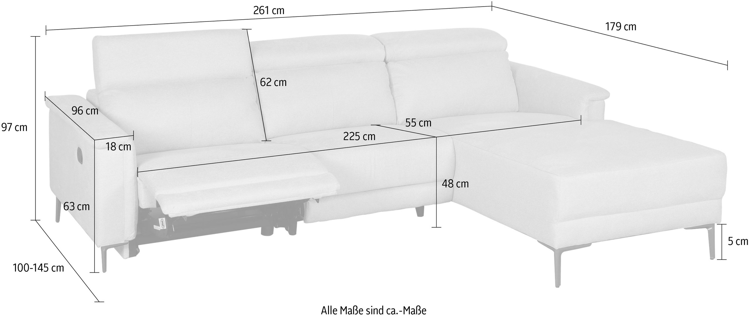 GOODproduct Canapé d'angle »LUND, L-Form, 261cm, man. o. elektr. Relaxfunktion (mit USB-A)« und Kopfteilverstellung
