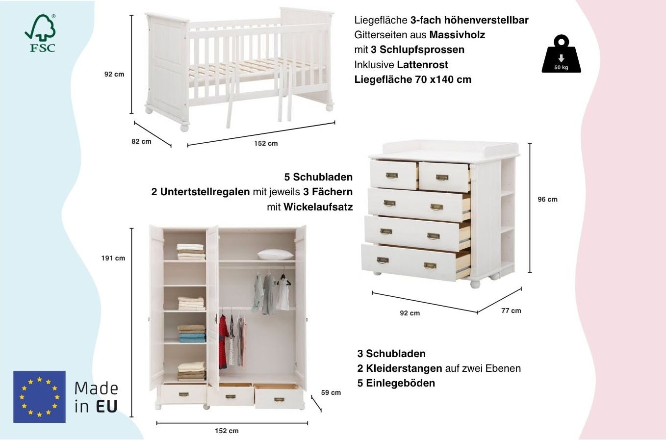 GOODproduct Set complet pour chambre de bébé »"Aimo", Landhausstil, stabile Qualität, edles Design, Messinggriffe« Set, Kinderbett, Schrank, Wickelkommode, 3 cuis tlg. aus Massivholz; FSC®-Holz aus gewissenhaft bewirtschafteten Wäldern