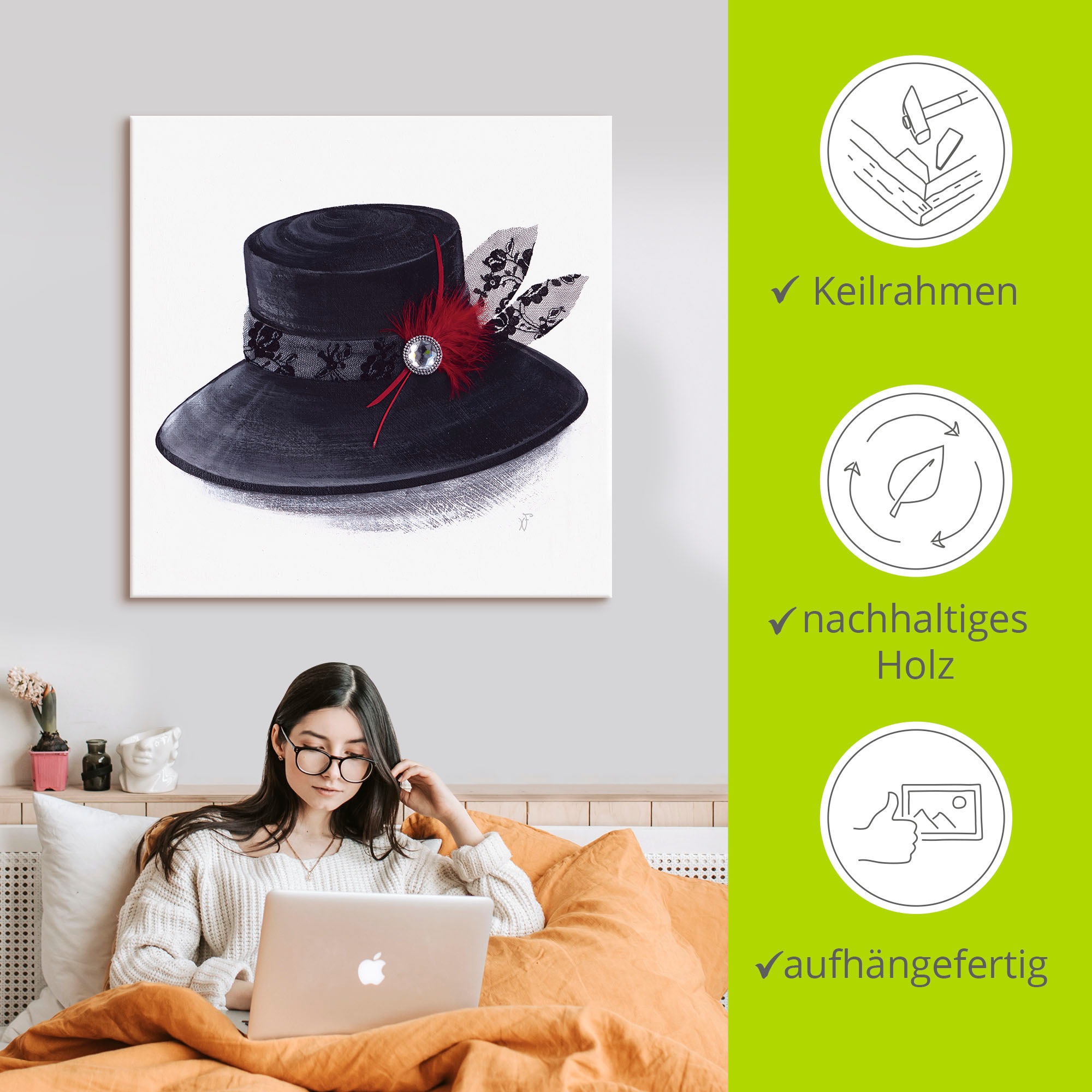 Artland Leinwandbild »Hut mit Diamant« Mode 1 Stk. tlg. auf Holzrahmen gespannt