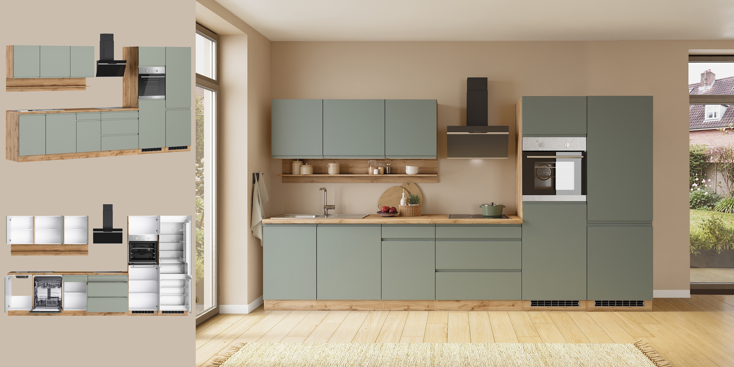 KOCHSTATION Kitchenette »KS-Virginia,neu in verbesserter Ausführung« plan de travail épaisseur 38 mm, rangement, fermeture douce,  largeur 360 cm, softclose, au choix avec appareils électriques et induction
