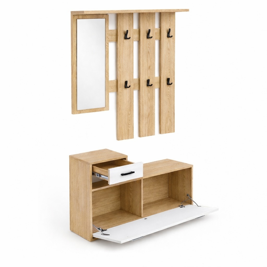 GOODproduct Garderoben-Set »Luna Kommode mit 1 Klappe + 1 Schubkasten, Paneel mit Spiegel 6 Haken« 2 Stk. tlg.