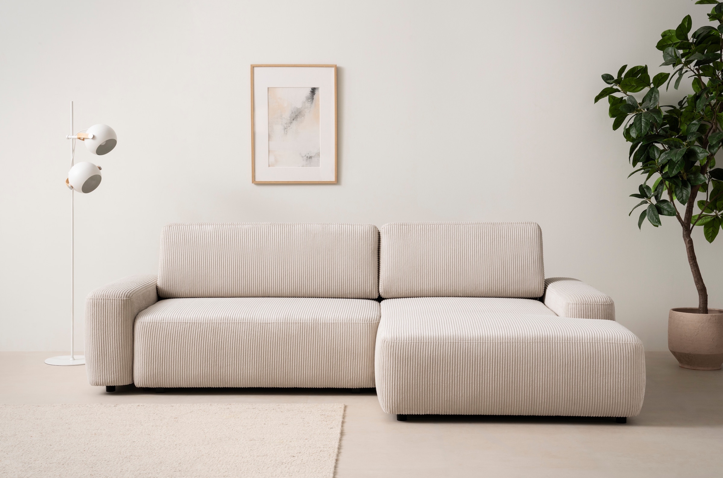 Home affaire Canapé d'angle »TORGE (264cm), Schlafsofa in Cord, Samtvelours o Struktur fein, L-Form« fonction couchage, coffre-lit, surface de couchage : 125/210 cm