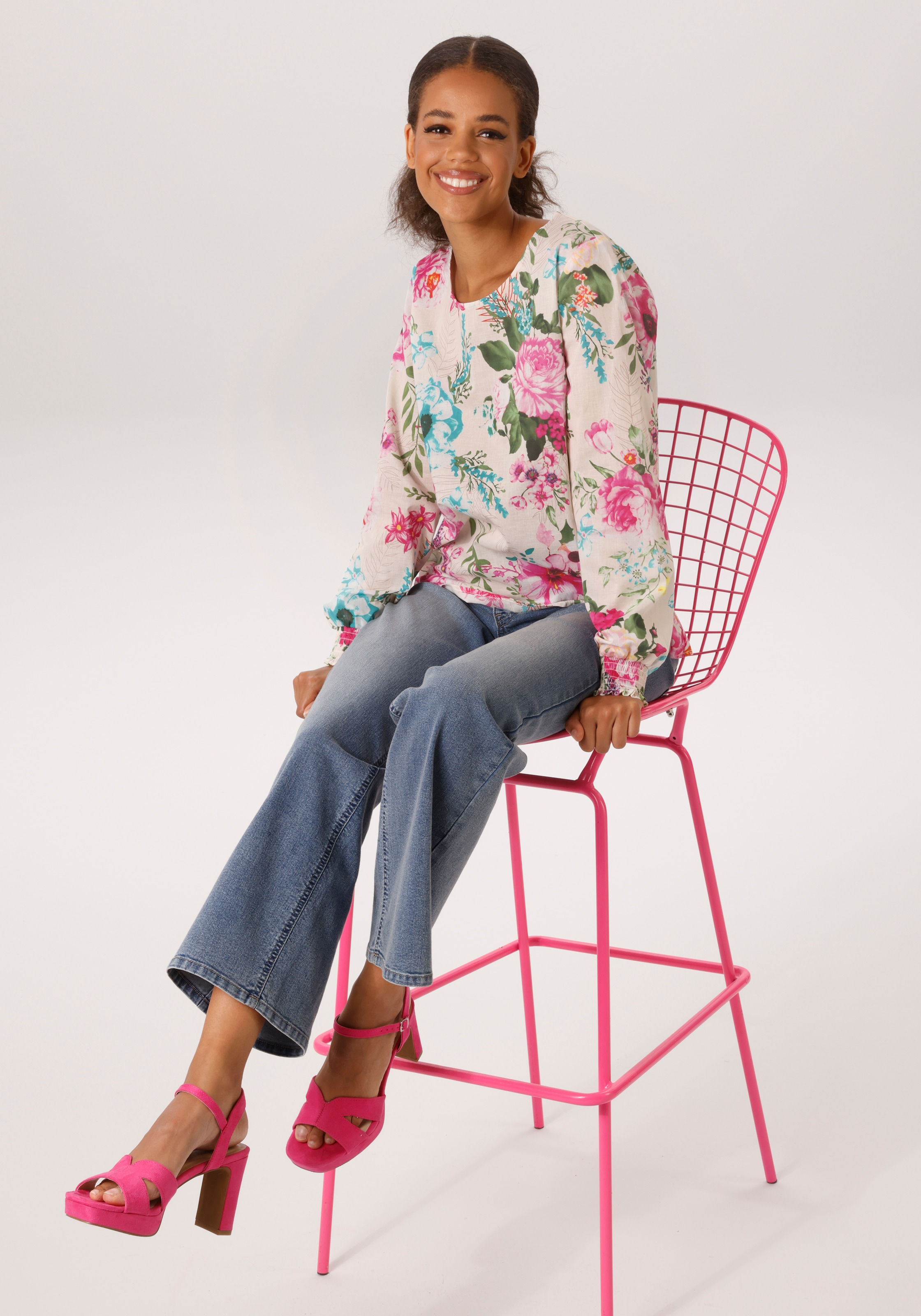 Aniston CASUAL Blouse à enfiler mit farbenfrohem Blumendruck - jedes Teil ein Unikat - NEUE KOLLEKTION