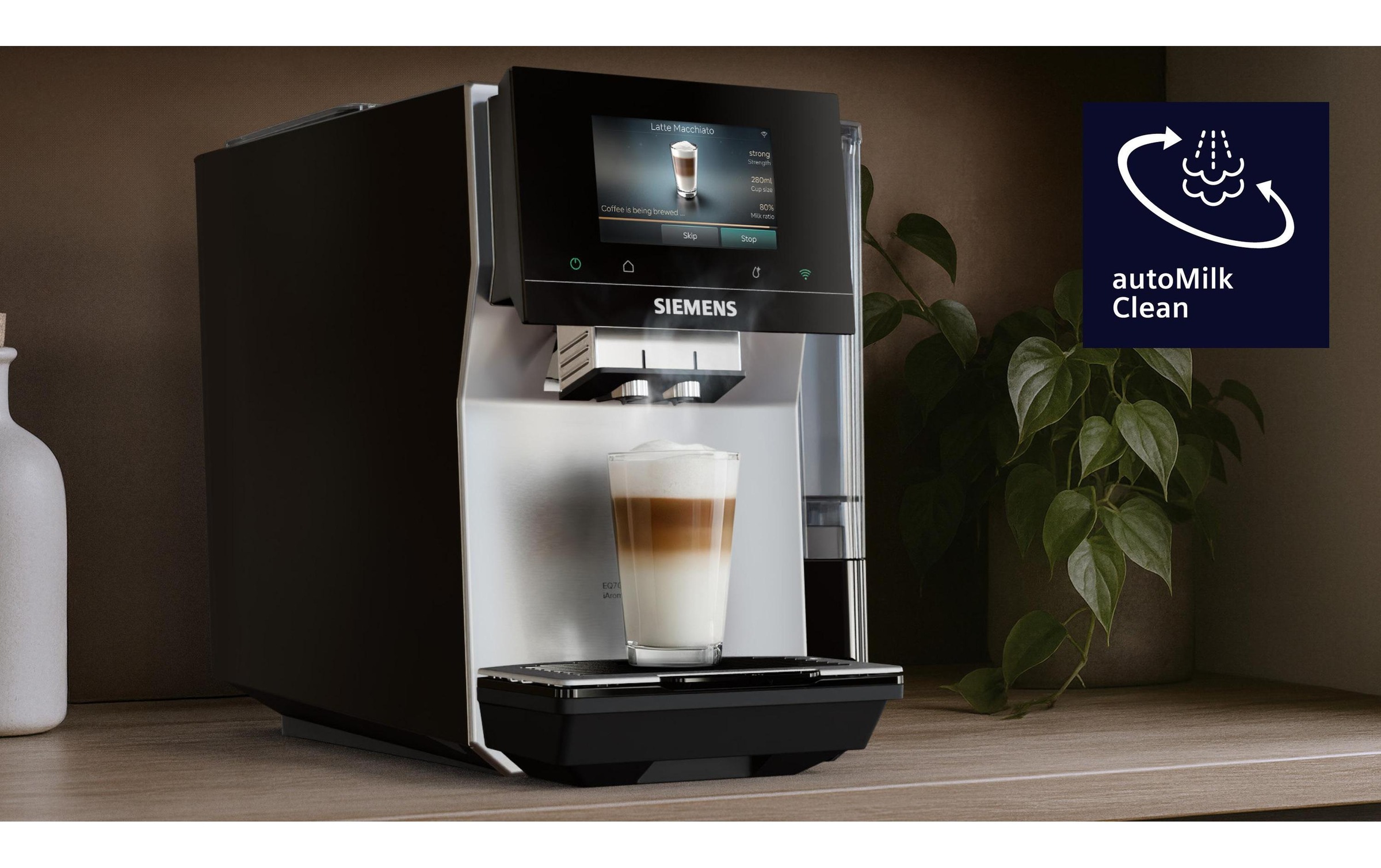 SIEMENS Kaffeevollautomat »EQ700 TP725ET7, inkl. Thermo-Kaffeebecher, XL-Getränke, 20 Favoriten« farbiges Full-Touch-Display, Doppeltassenfunktion, sehr leise, silber