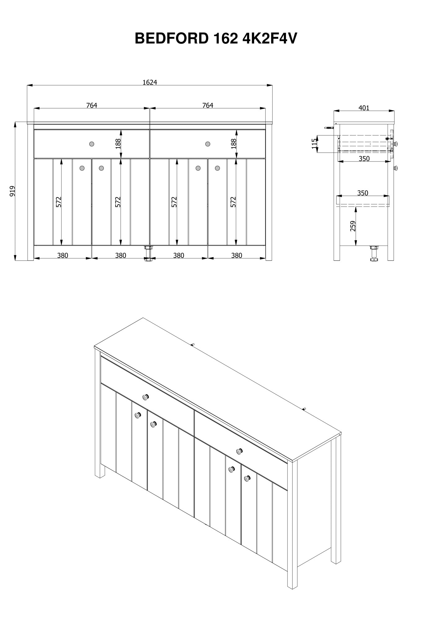Home affaire Buffet »BEDFORD Kommode, Kombikommode, Anrichte, Schrank« Profil MDF 2D recouvert, marquage à chaud