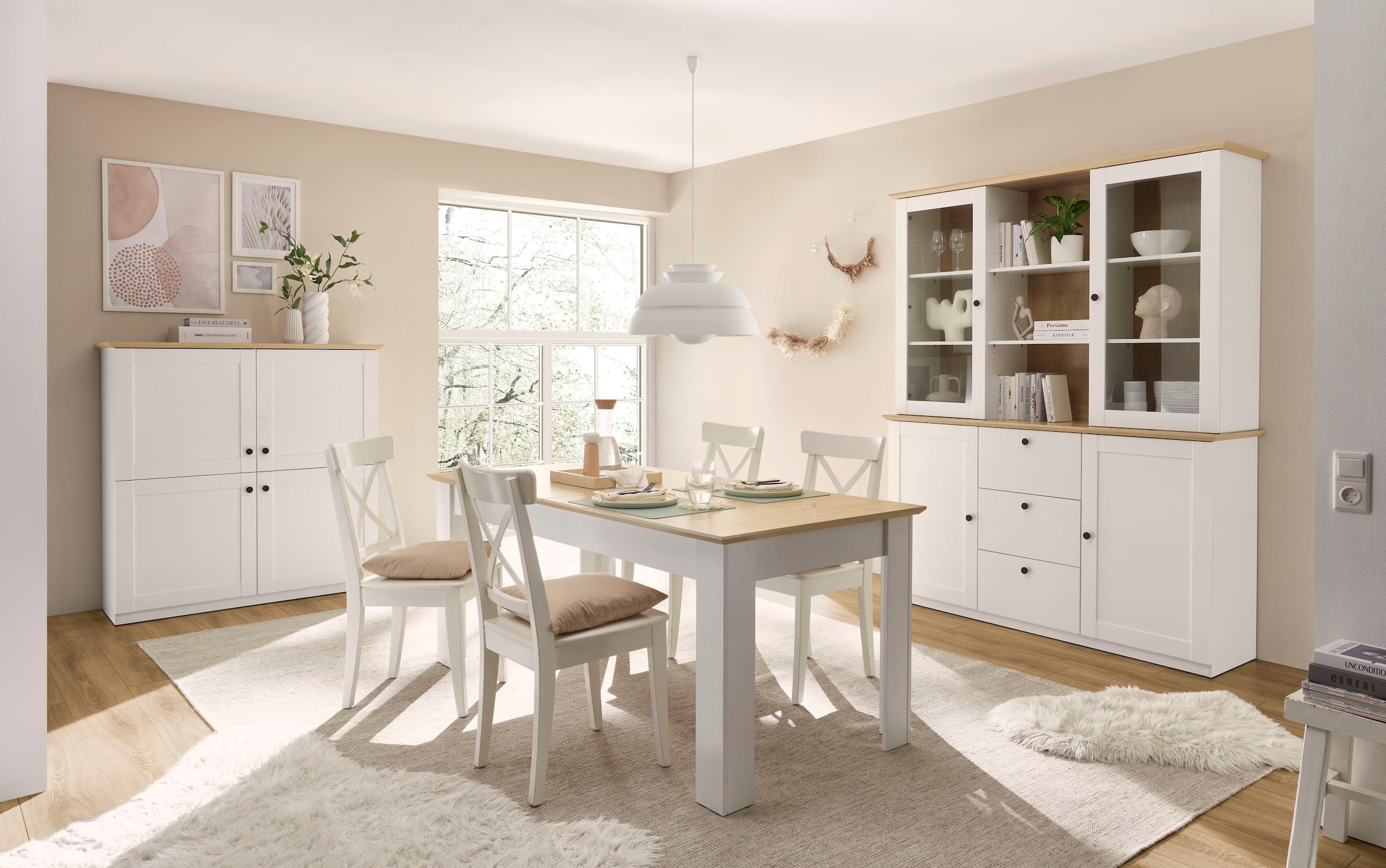 GOODproduct Buffet »Brest, Hochschrank im Landhausstil, Schrank, Küchenschrank« schwarze Metallgriffe, viel Stauraum, Glastüren, 164 cm breit