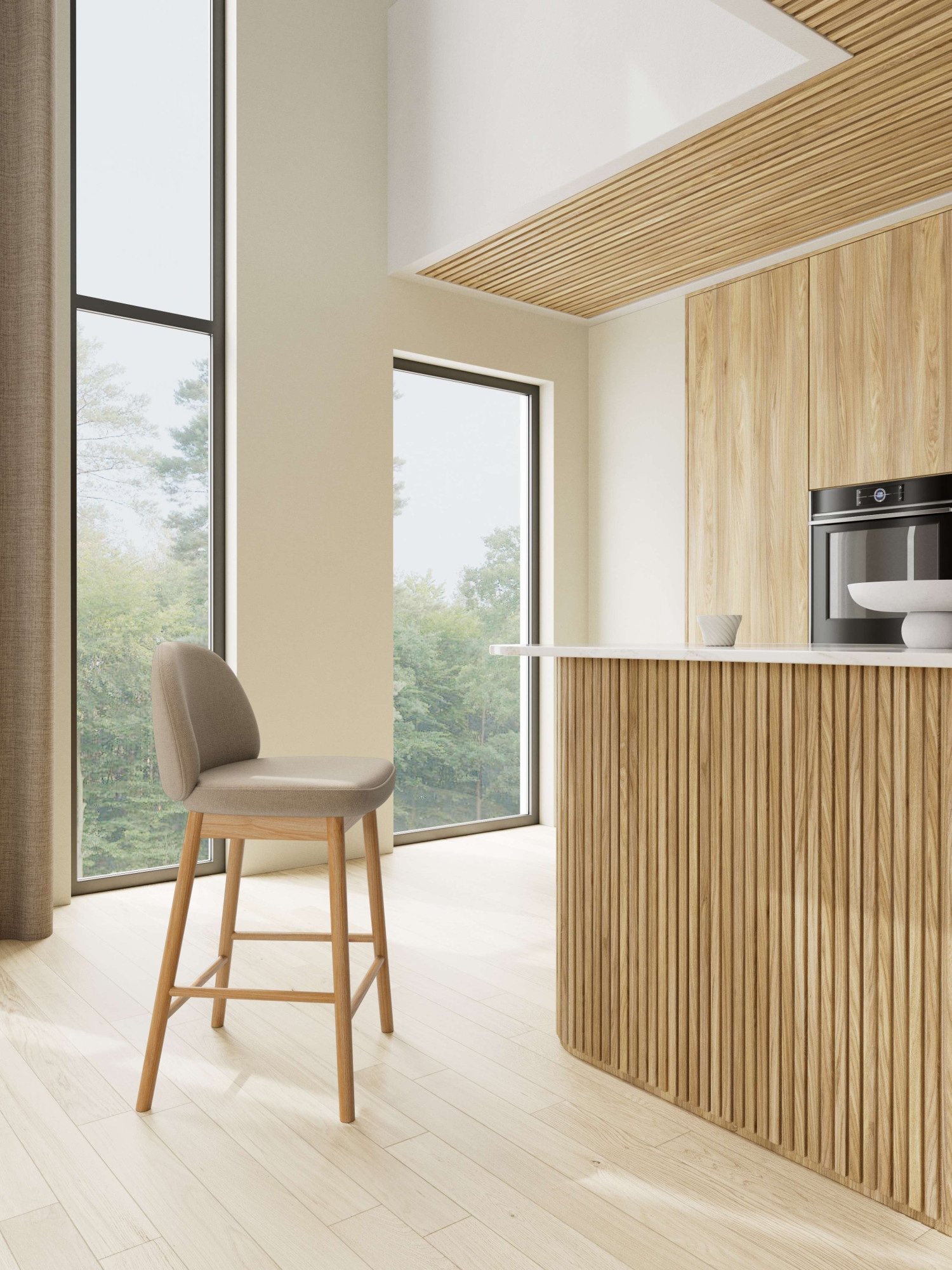 ACTONA GROUP Tabouret de bar »Sophia - Bequemer Barstuhl aus Eiche mit Fussstütze & Rückenlehne« Ensemble, 2 cuis tlg. Design scandinave, siège en tissu, pour cuisine et coin repas