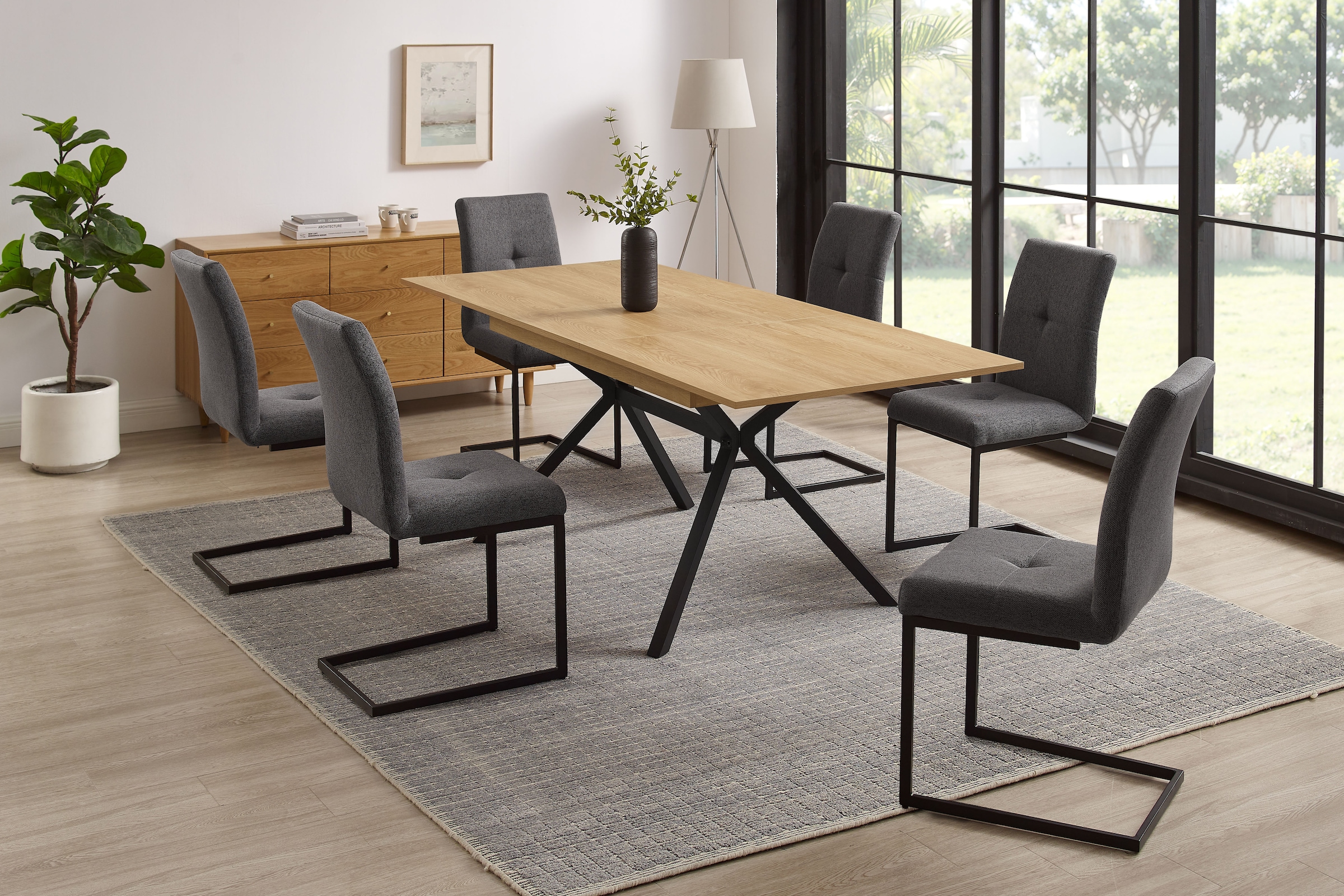 GOODproduct Essgruppe »Vendy, Esstisch ausziehbar plus 6 Freischwinger« Set, Esstisch ausziehbar 160 - 210 cm plus 6 Esszimmerstühle, 7 Stk. tlg. pflegeleichte Strukturstoff-Stühle, 3D-Steppung, ausziehbarer Tisch