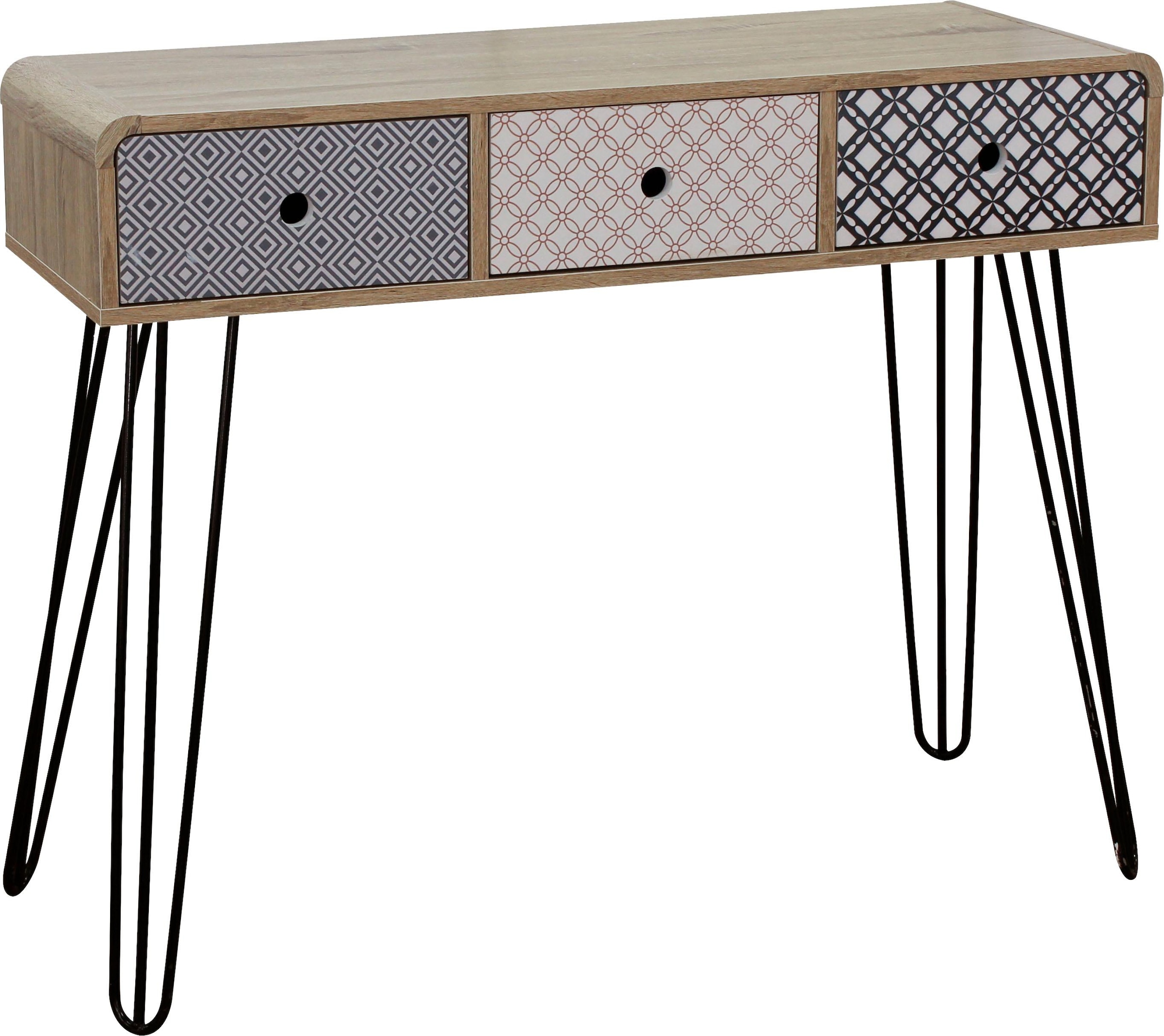 SIT Table console »Hvar im Scandi-Shabby-Chic mit 3 grifflosen Schubladen« Surface blanche lavée avec façades bleu-blanc aspect vintage