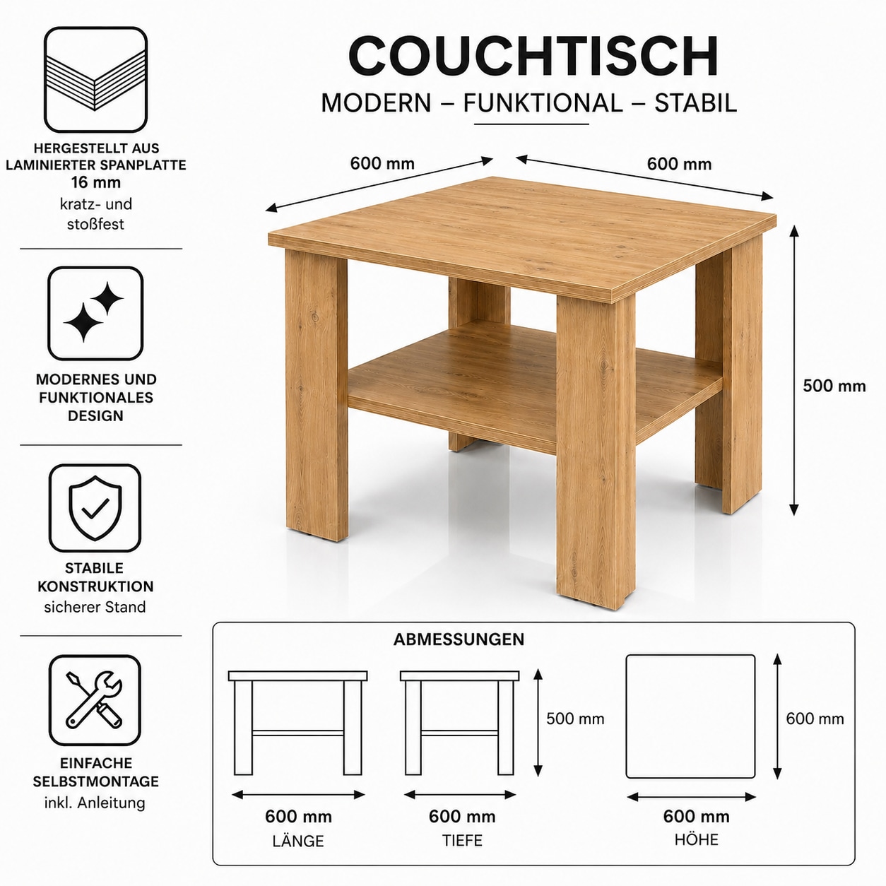 GOODproduct Table basse »CT 2 Wohnzimmertisch, Sofatisch, Beistelltisch, Kaffeetisch« Avec rangement, carré/rectangulaire, laqué blanc brillant ou décor Artisan