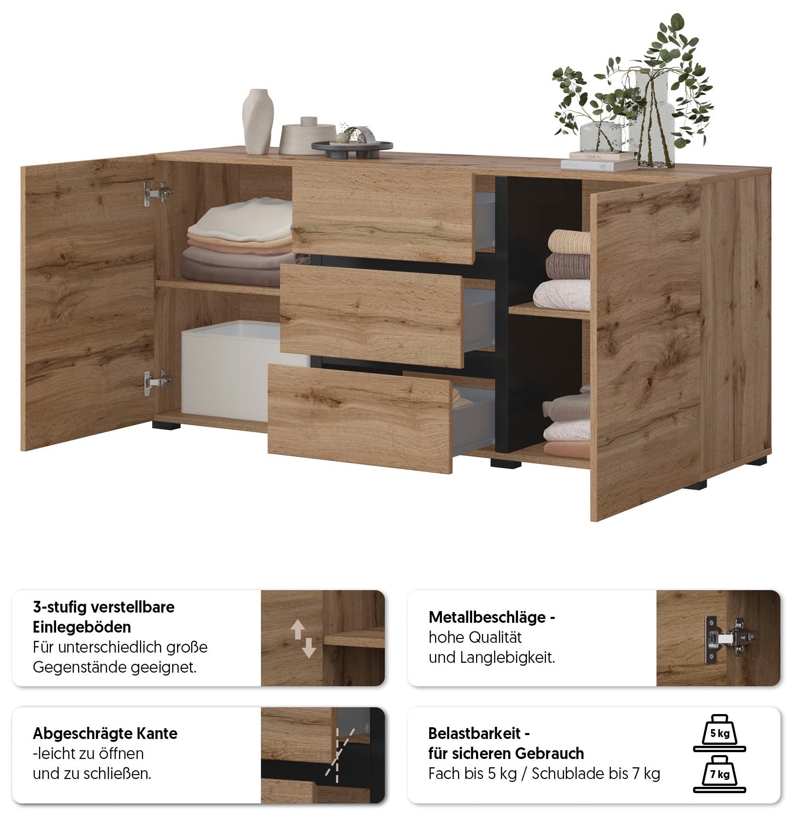 GOODproduct Sideboard »Cross, Breite 150 cm, moderne grifflose Kommode, 2Türen/3 Schubkästen« Schubladenkommode mit viel Stauraum, Einlegeböden verstellbar